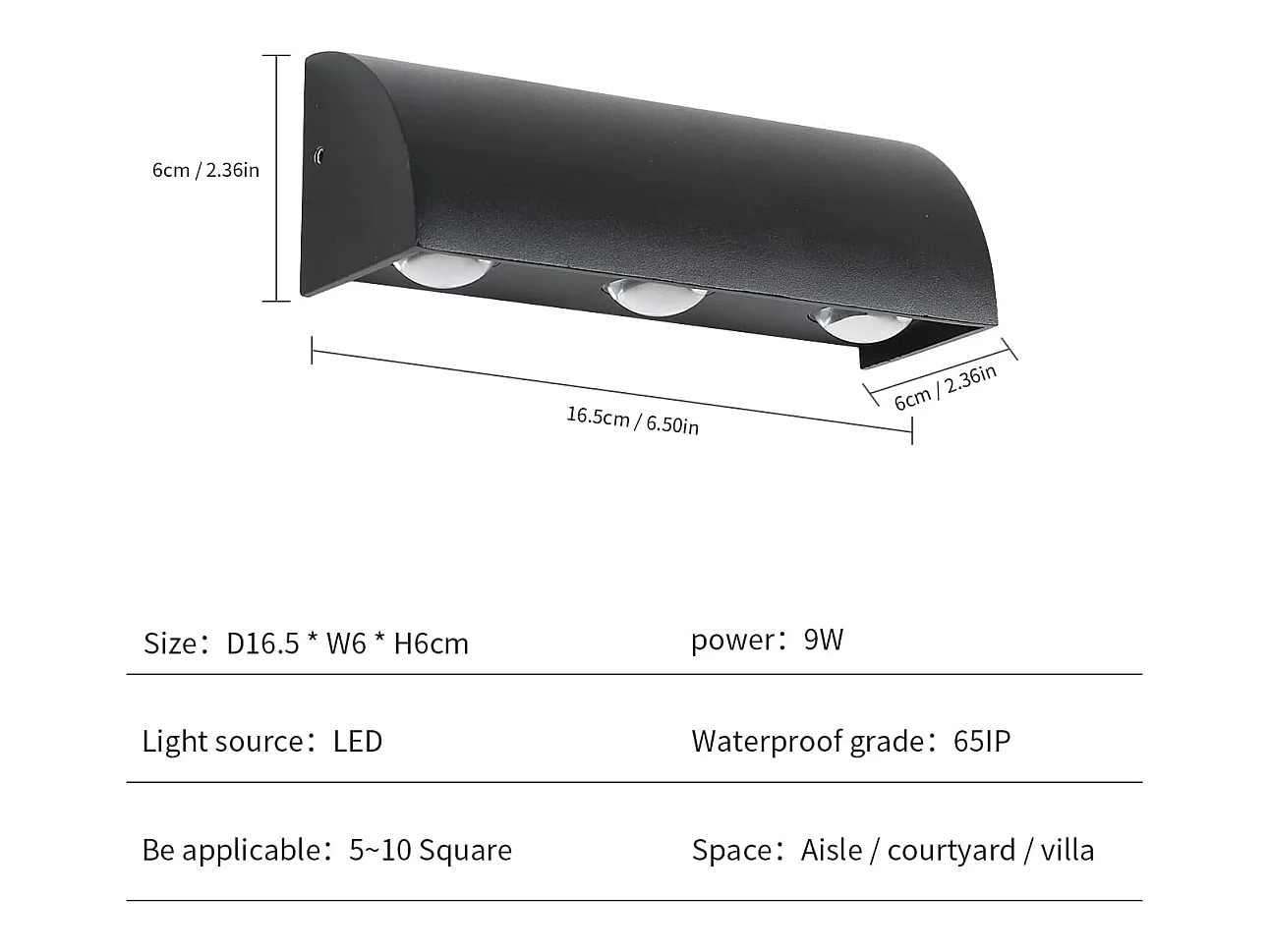 Applique murale d'extérieur LED 9 W en aluminium noir, étanche IP65, lumière chaude 3 000 K, pour terrasse, balcon et jardin