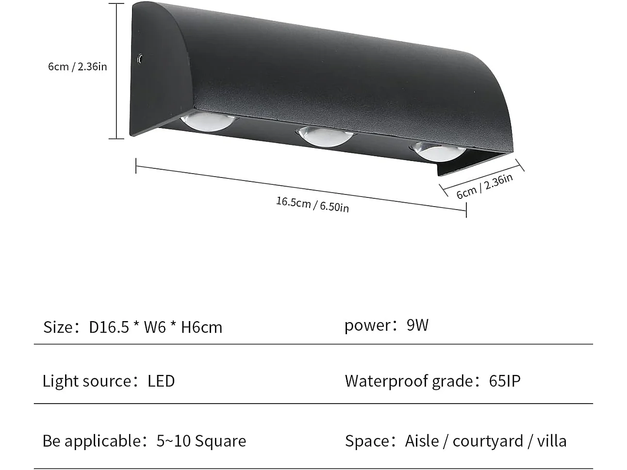 Applique murale d'extérieur LED 9 W en aluminium noir, étanche IP65, lumière chaude 3 000 K, pour terrasse, balcon et jardin