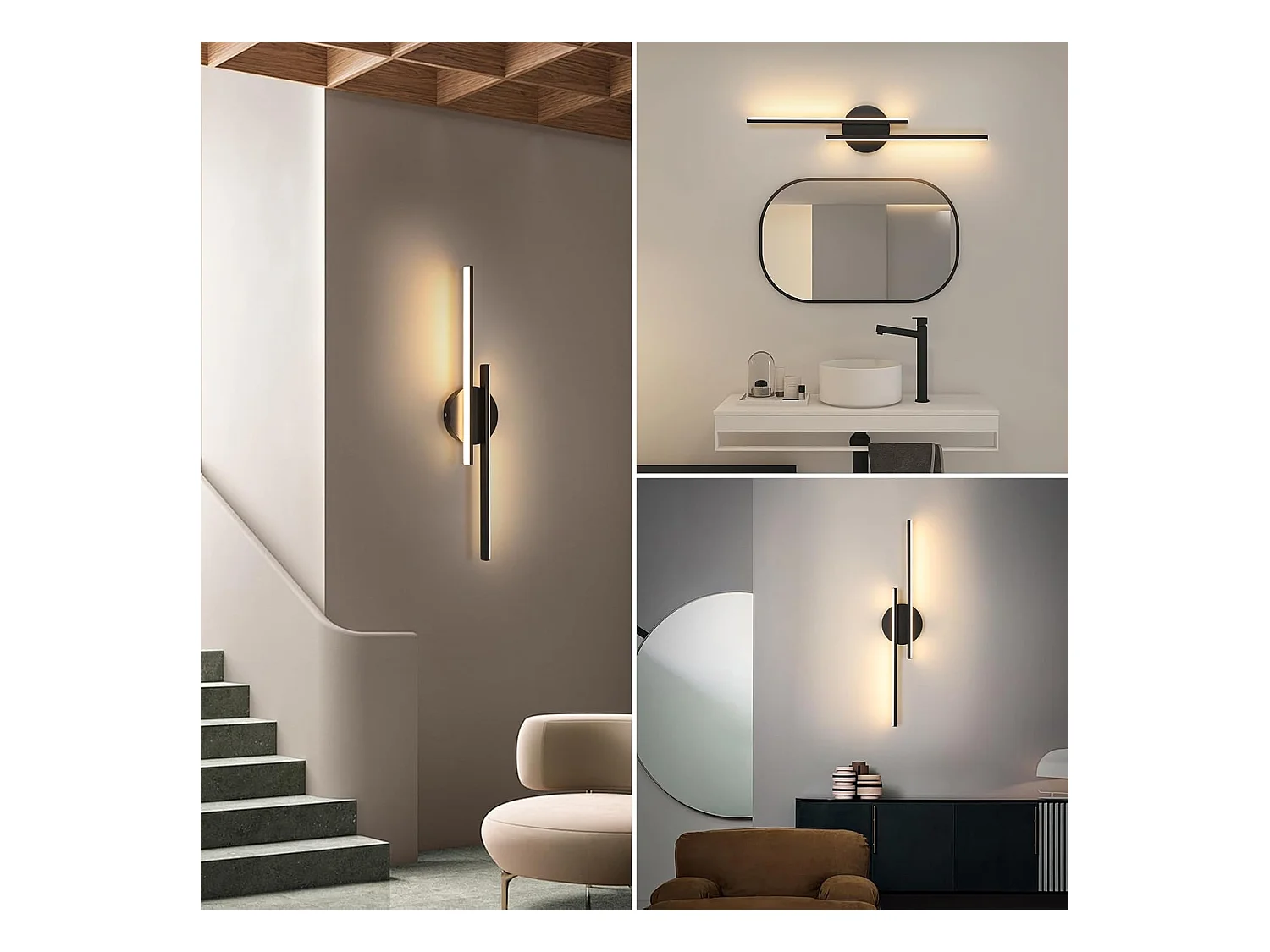 Applique murale LED d'intérieur, 24W, moderne, noire, lumière chaude 3000K, matériau acrylique, idéale pour la chambre, le couloir ou le salon