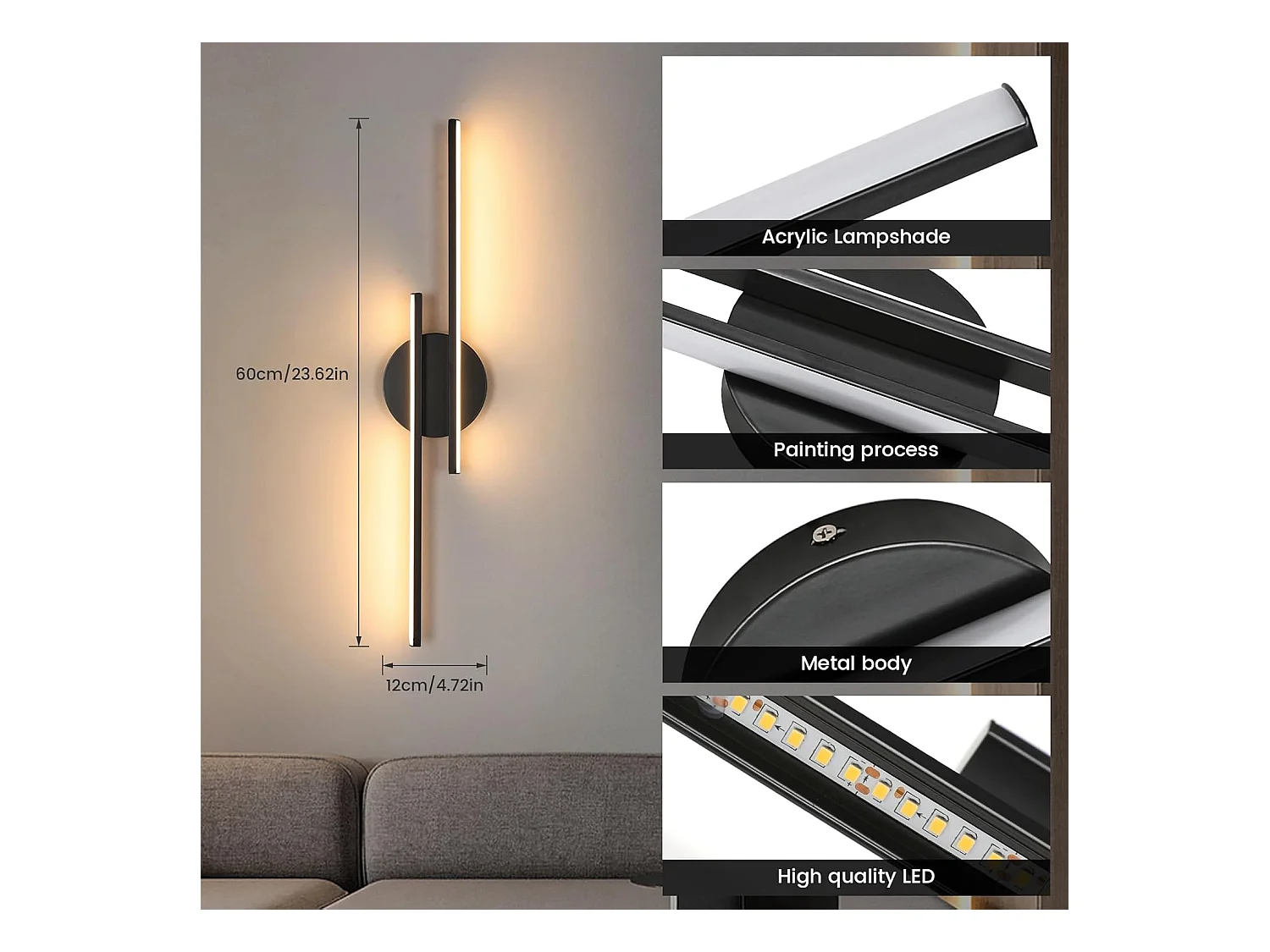 Applique murale LED d'intérieur, 24W, moderne, noire, lumière chaude 3000K, matériau acrylique, idéale pour la chambre, le couloir ou le salon