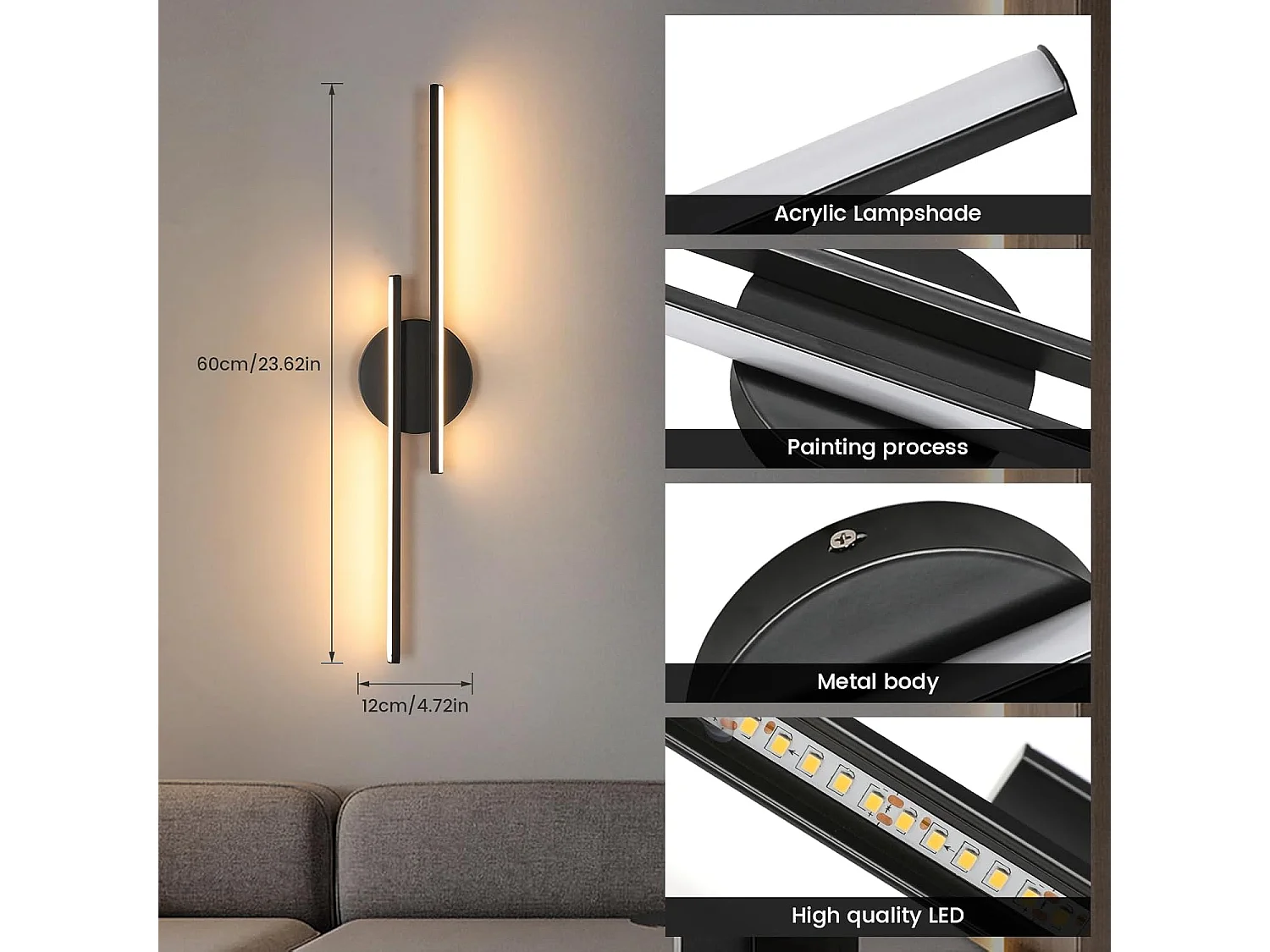Applique murale LED d'intérieur, 24W, moderne, noire, lumière chaude 3000K, matériau acrylique, idéale pour la chambre, le couloir ou le salon