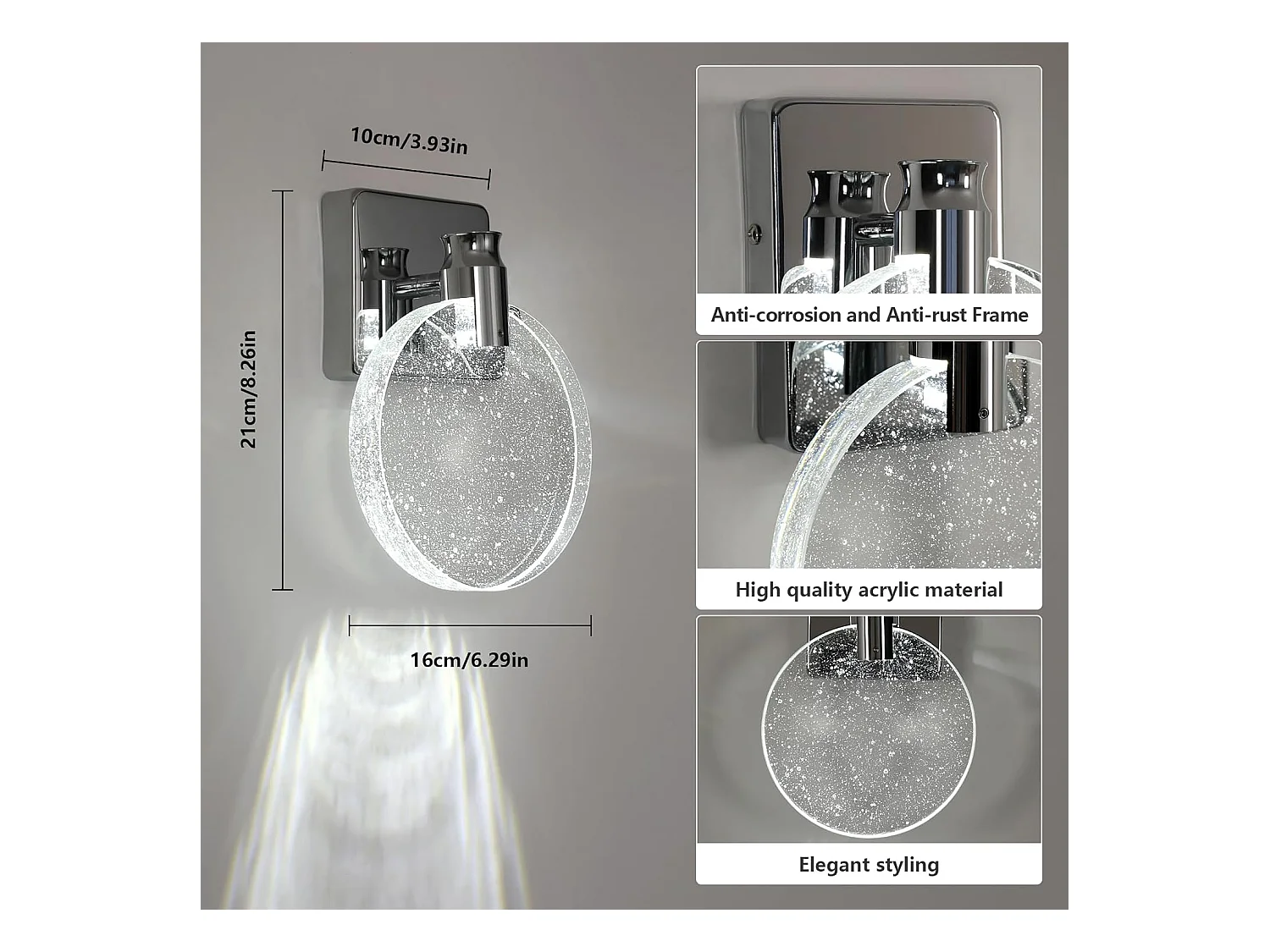 Applique murale d'intérieur LED chromée, 1 000 lm, design moderne et créatif, 3 températures de couleur (3000/4500 K/6500 K)