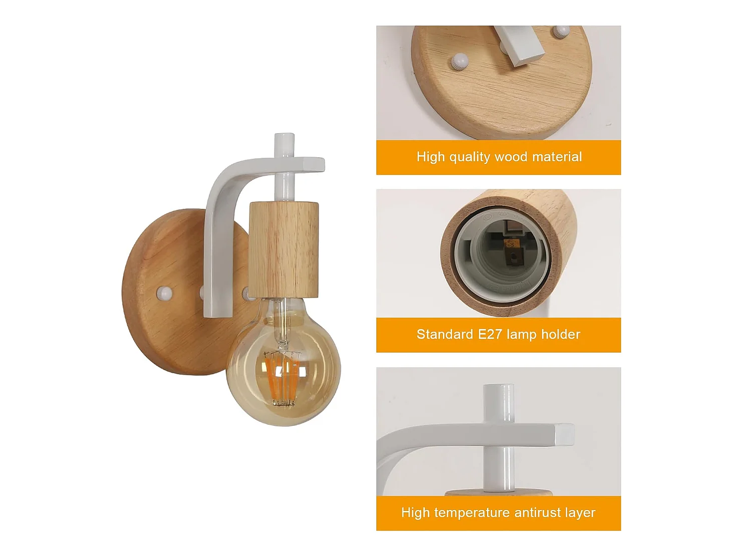 Lot de 2 appliques murales d'intérieur en bois E27, pour chambre, salon, couloir (ampoules non incluses)