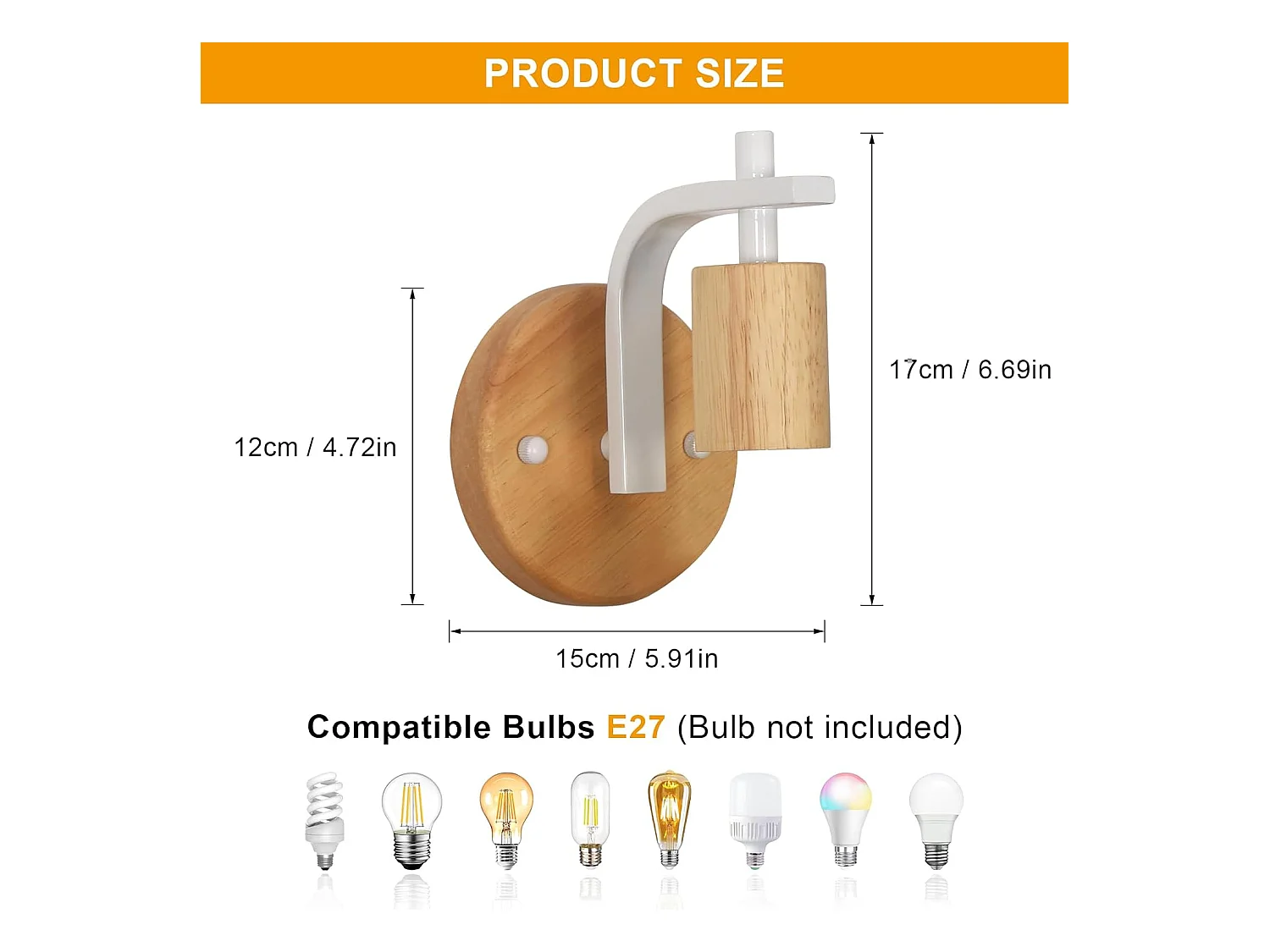 Lot de 2 appliques murales d'intérieur en bois E27, pour chambre, salon, couloir (ampoules non incluses)