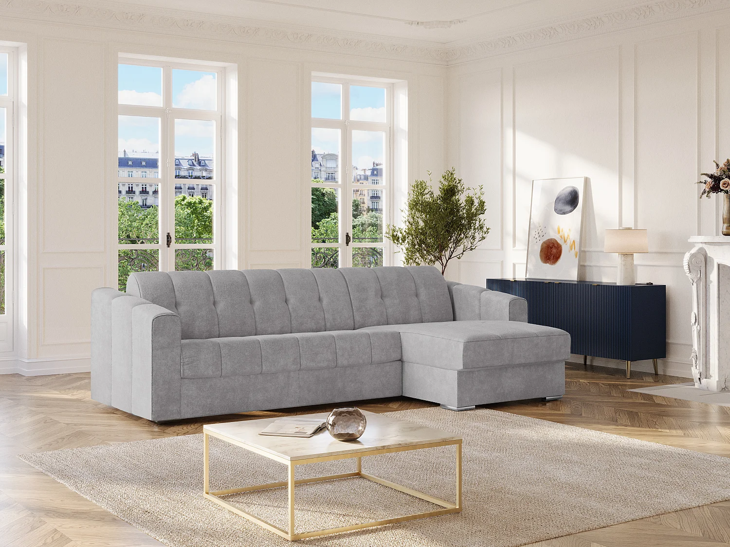 Sofá de canto convertível abertura rápida em tecido texturizado cinzento claro - Cama ripas largas 160 cm - Colchão 18 cm - DARIELO