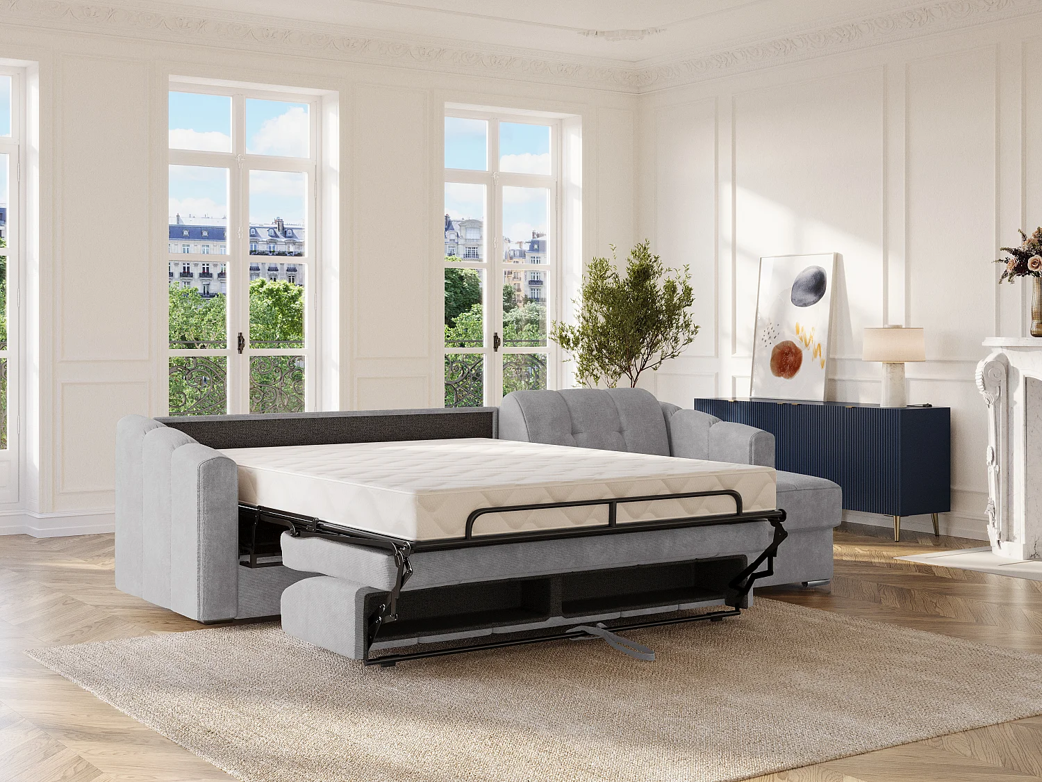 Sofá de canto convertível abertura rápida em tecido texturizado cinzento claro - Cama ripas largas 160 cm - Colchão 18 cm - DARIELO