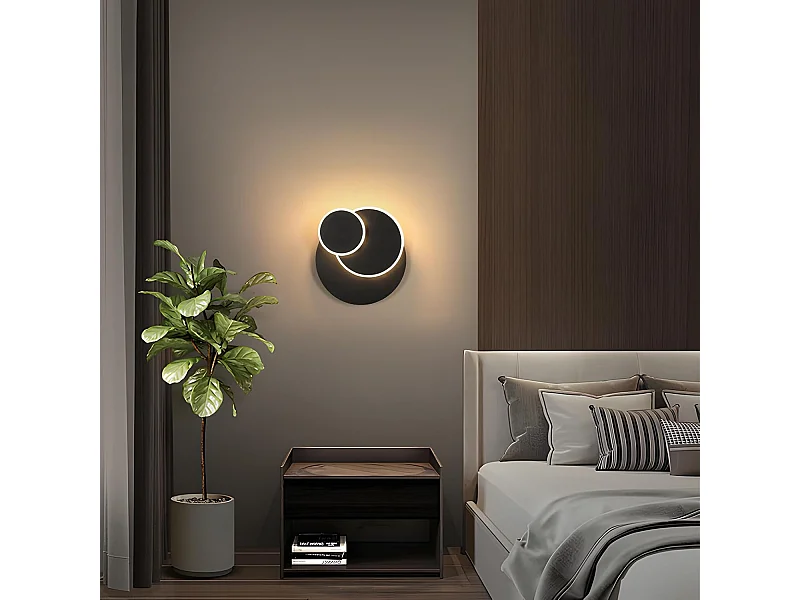 Applique murale LED moderne, 15W, 1687lm, rotative et créative, 3 en 1, ronde et noire, adaptée à la chambre, lumière blanche chaude 3000K