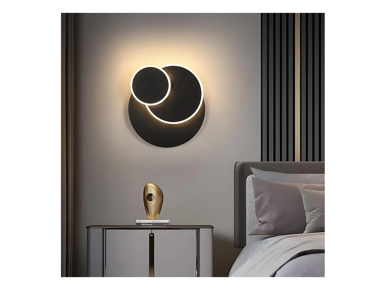 Applique murale LED moderne, 15W, 1687lm, rotative et créative, 3 en 1, ronde et noire, adaptée à la chambre, lumière blanche chaude 3000K