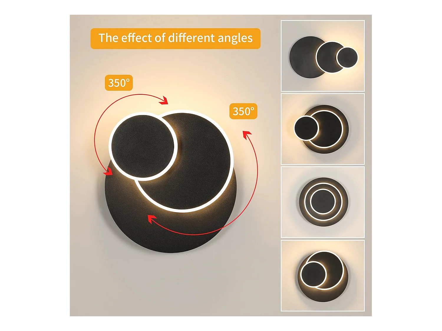 Applique murale LED moderne, 15W, 1687lm, rotative et créative, 3 en 1, ronde et noire, adaptée à la chambre, lumière blanche chaude 3000K