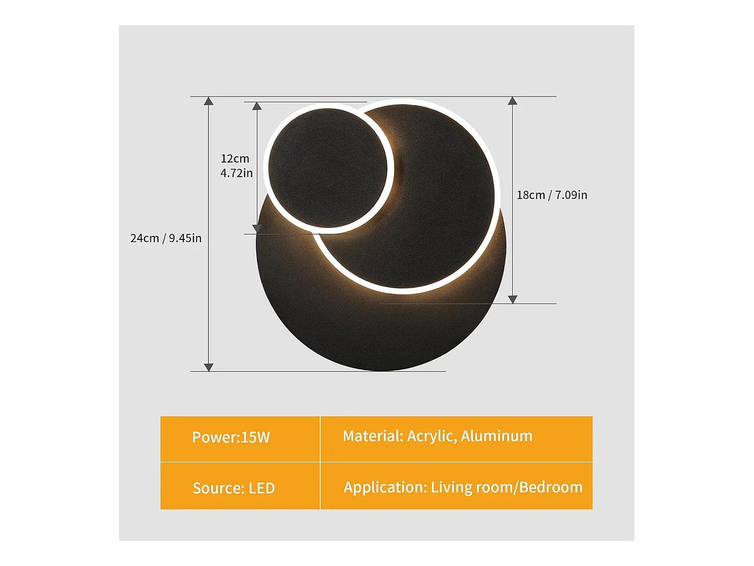 Applique murale LED moderne, 15W, 1687lm, rotative et créative, 3 en 1, ronde et noire, adaptée à la chambre, lumière blanche chaude 3000K