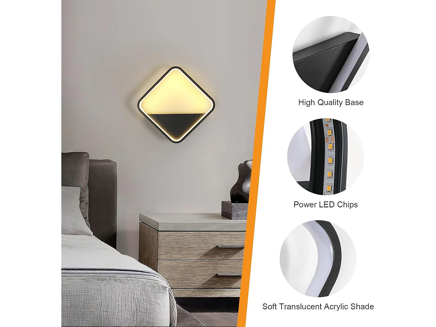 Applique murale d'intérieur LED, 20W, carrée, noire, moderne, en acrylique, pour chambre, salon, couloir, escalier, hôtel, blanc chaud 3000K