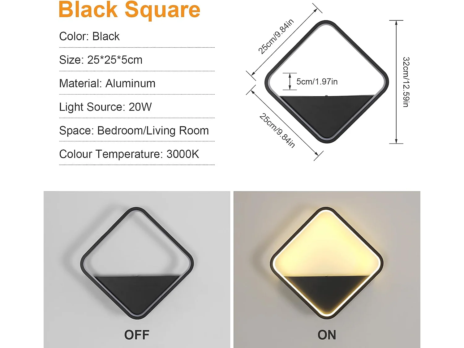 Applique murale d'intérieur LED, 20W, carrée, noire, moderne, en acrylique, pour chambre, salon, couloir, escalier, hôtel, blanc chaud 3000K