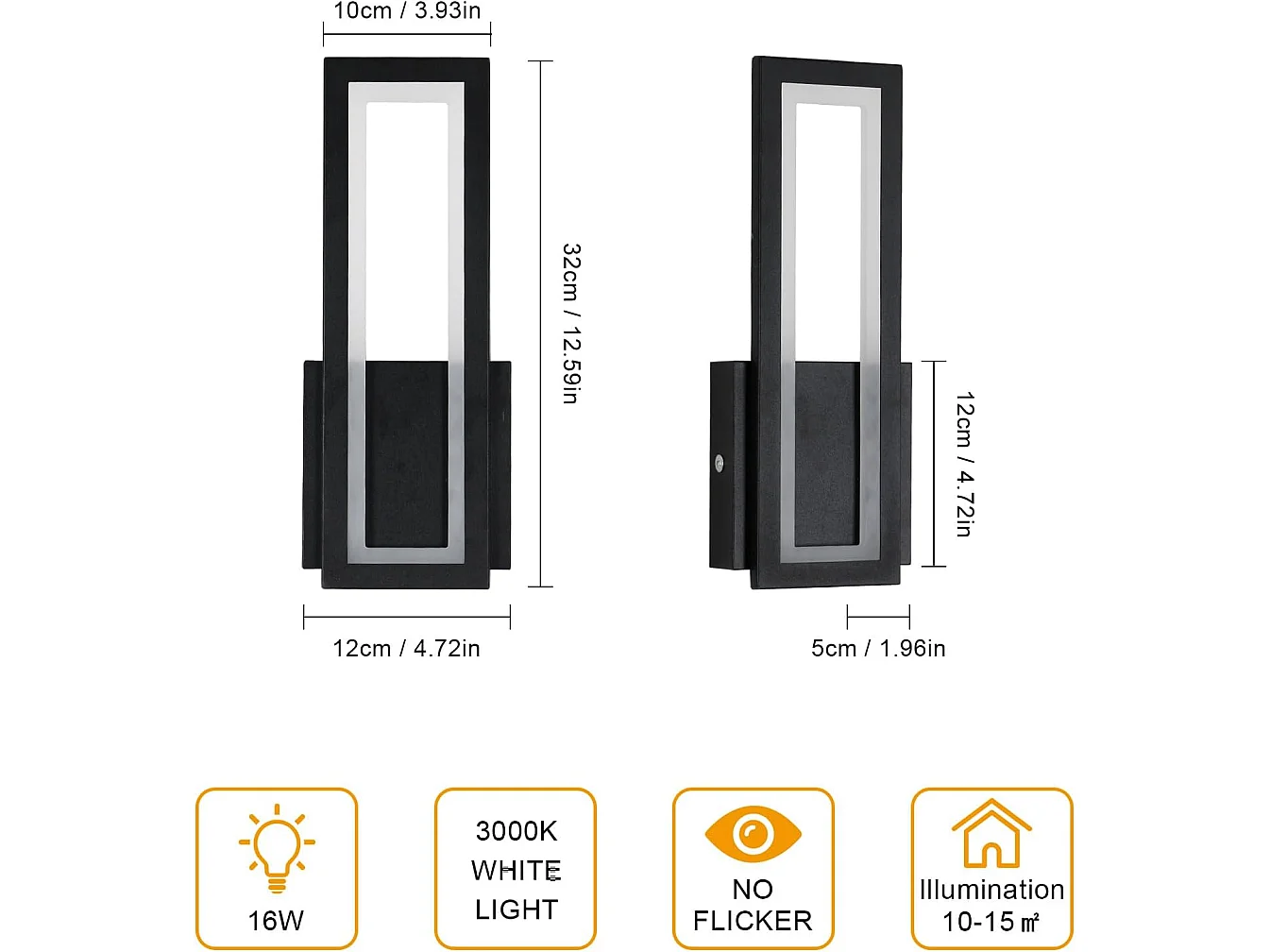 Applique murale LED moderne, 2 pièces 16 W 1800 lm, applique murale LED acrylique d'intérieur, couloir noir, lumière blanc chaud 3000 K, 32 cm