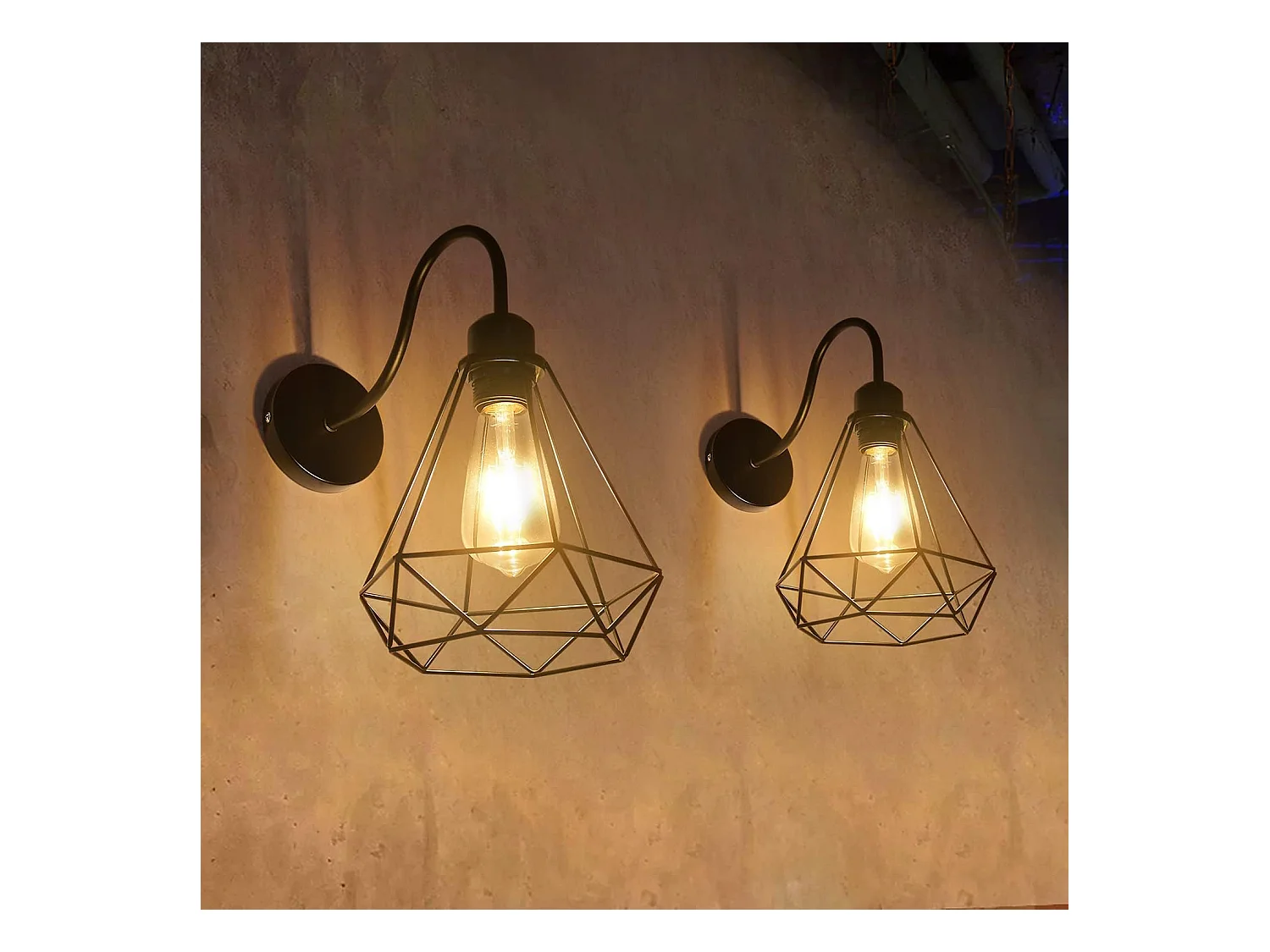 Applique murale vintage style industriel, plafonnier cage en métal diamant noir E27, applique murale vintage pour salon, cuisine, chambre (2 pièces)