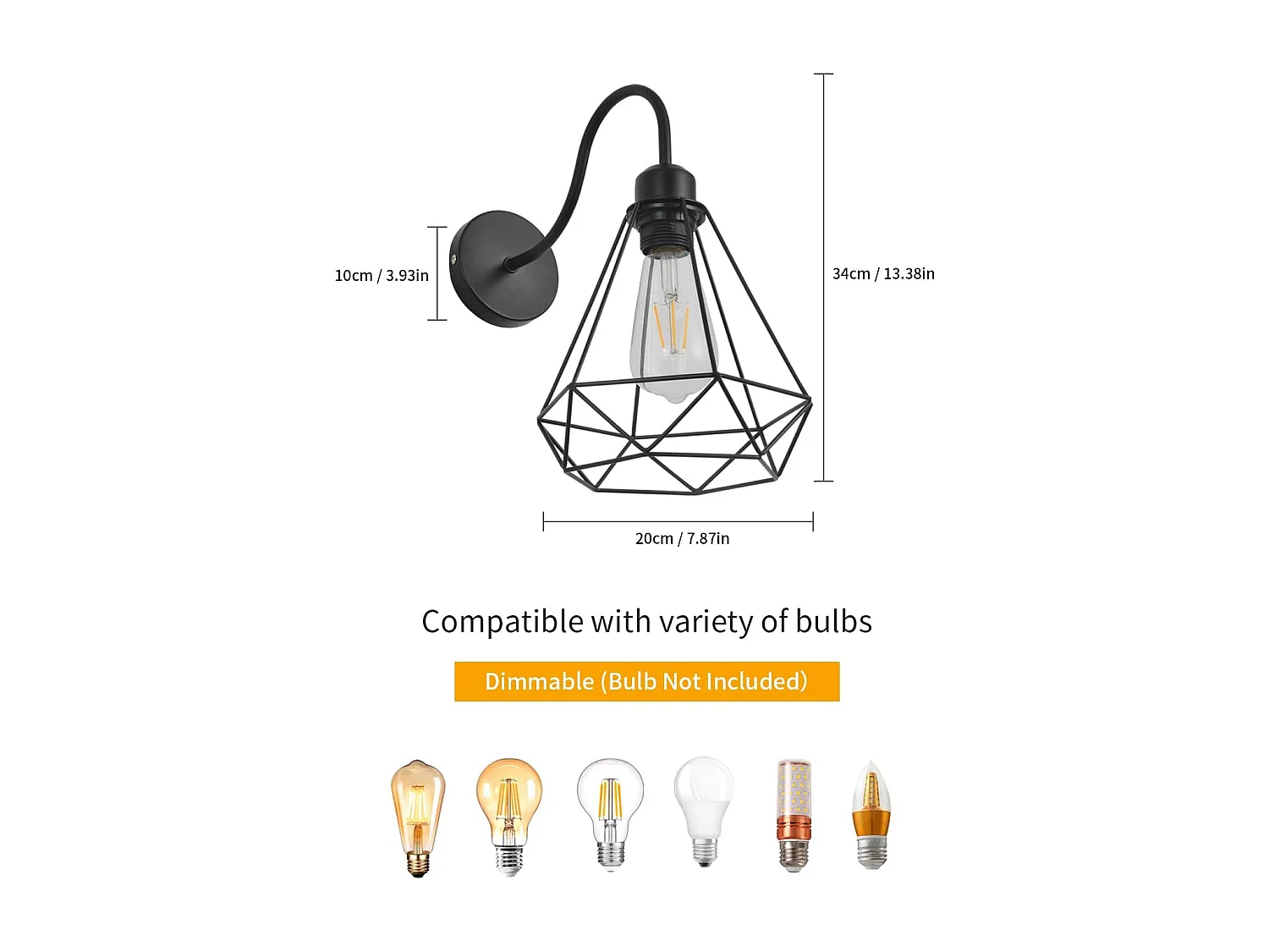 Applique murale vintage style industriel, plafonnier cage en métal diamant noir E27, applique murale vintage pour salon, cuisine, chambre (2 pièces)