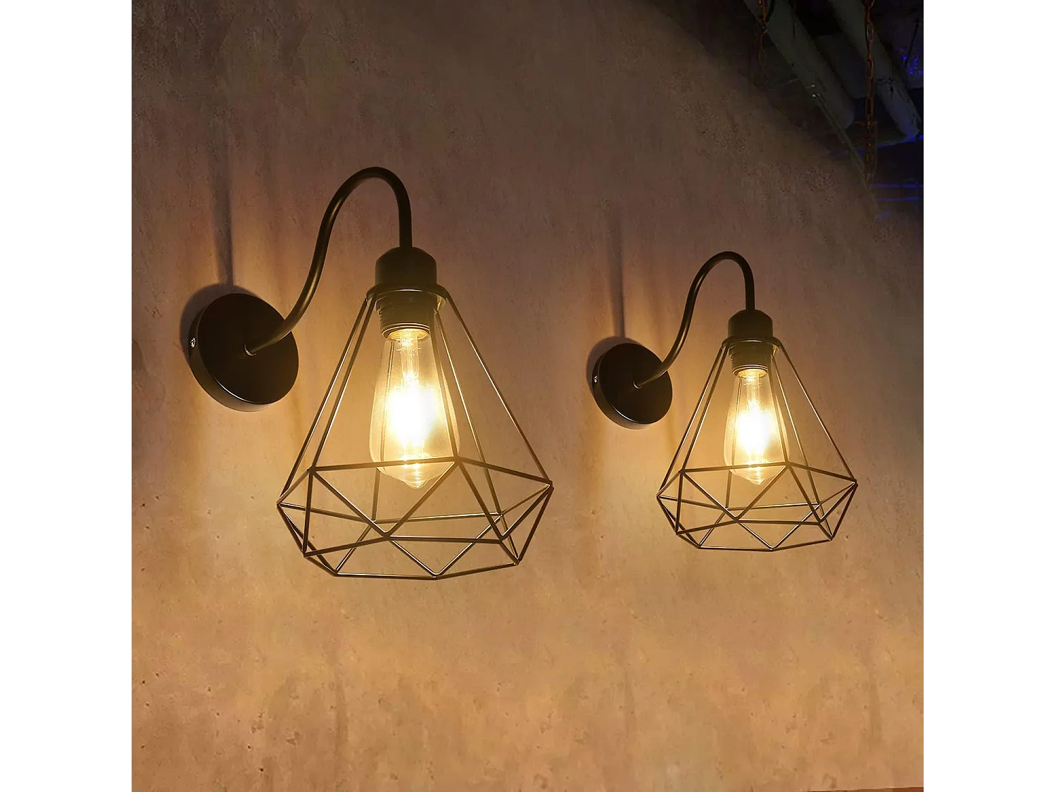 Applique murale vintage style industriel, plafonnier cage en métal diamant noir E27, applique murale vintage pour salon, cuisine, chambre (2 pièces)