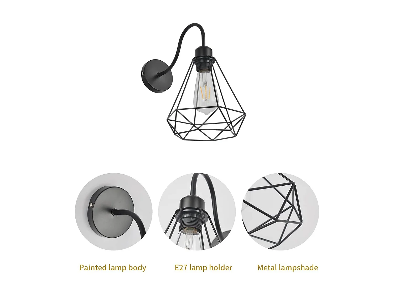 Applique murale vintage style industriel, plafonnier cage en métal diamant noir E27, applique murale vintage pour salon, cuisine, chambre (2 pièces)
