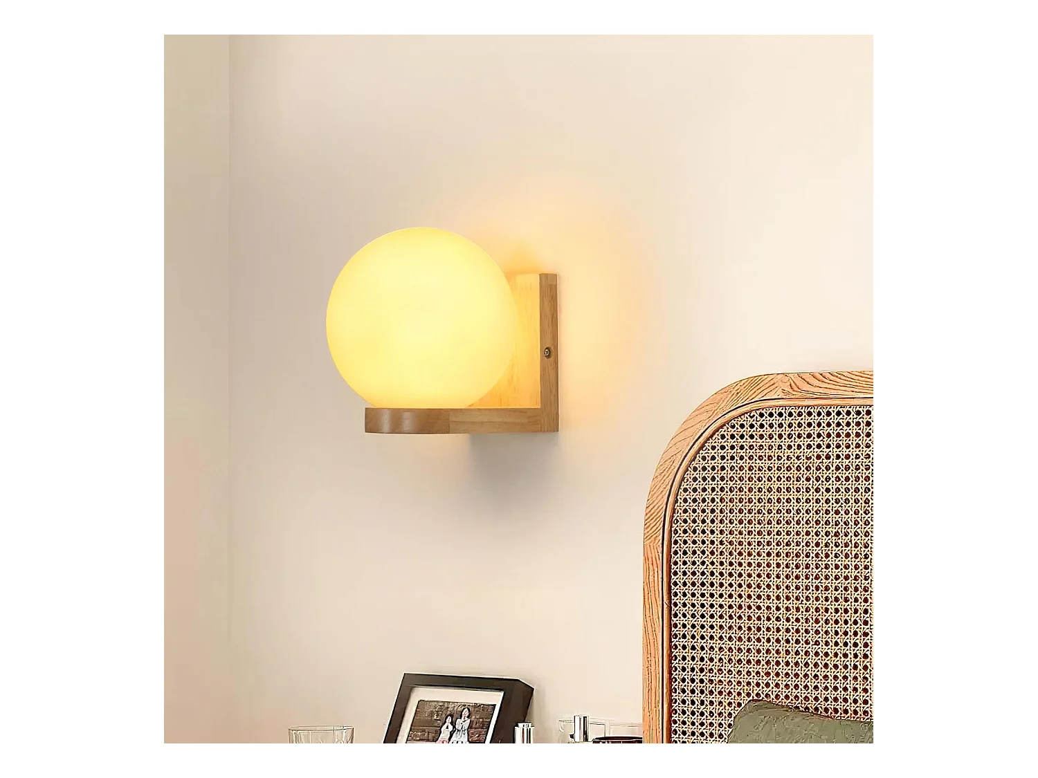 Applique d'intérieur en bois, applique avec abat-jour en verre, applique E27 pour chambre (ampoule non incluse), applique ronde en bois