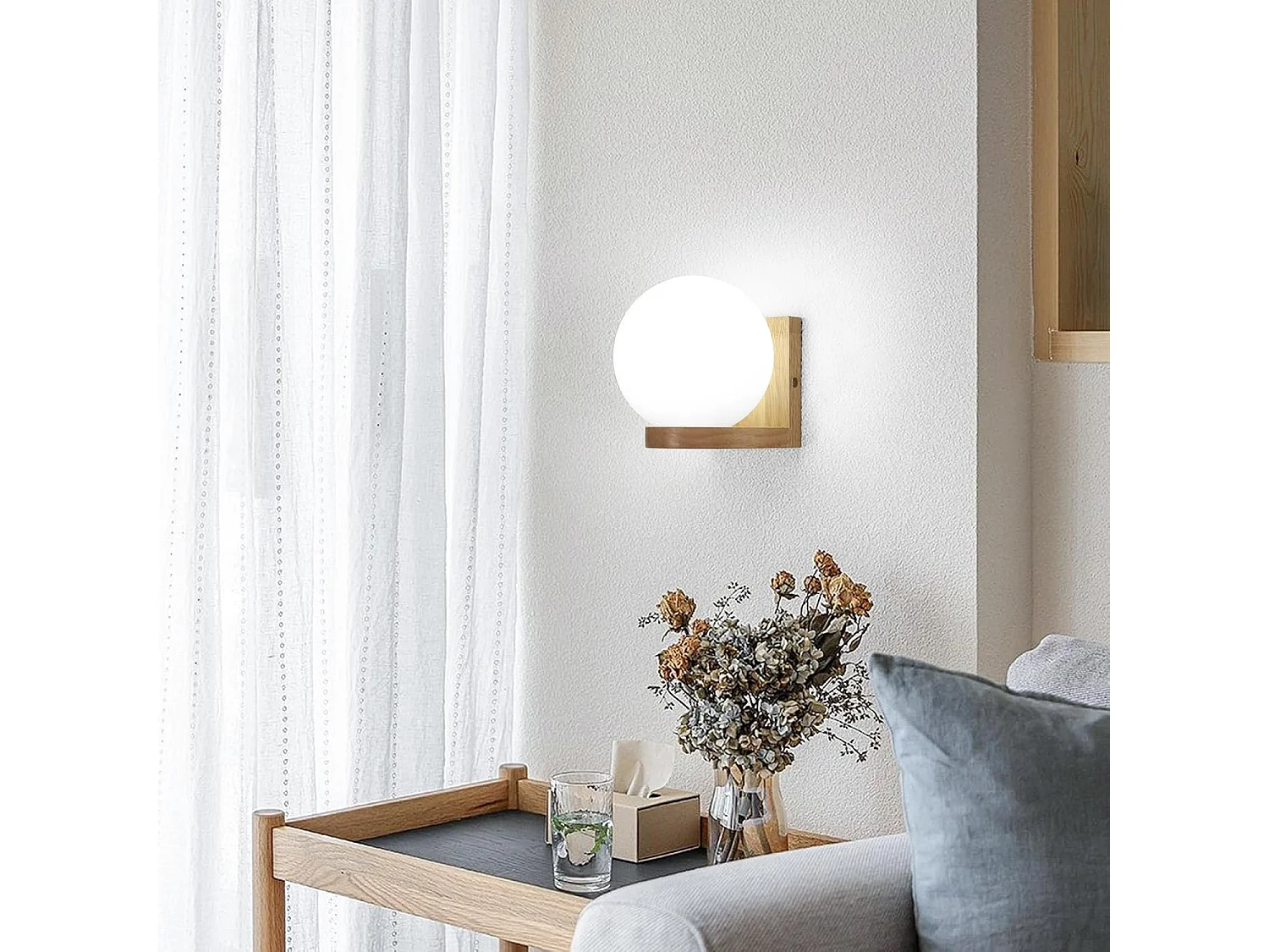 Applique d'intérieur en bois, applique avec abat-jour en verre, applique E27 pour chambre (ampoule non incluse), applique ronde en bois