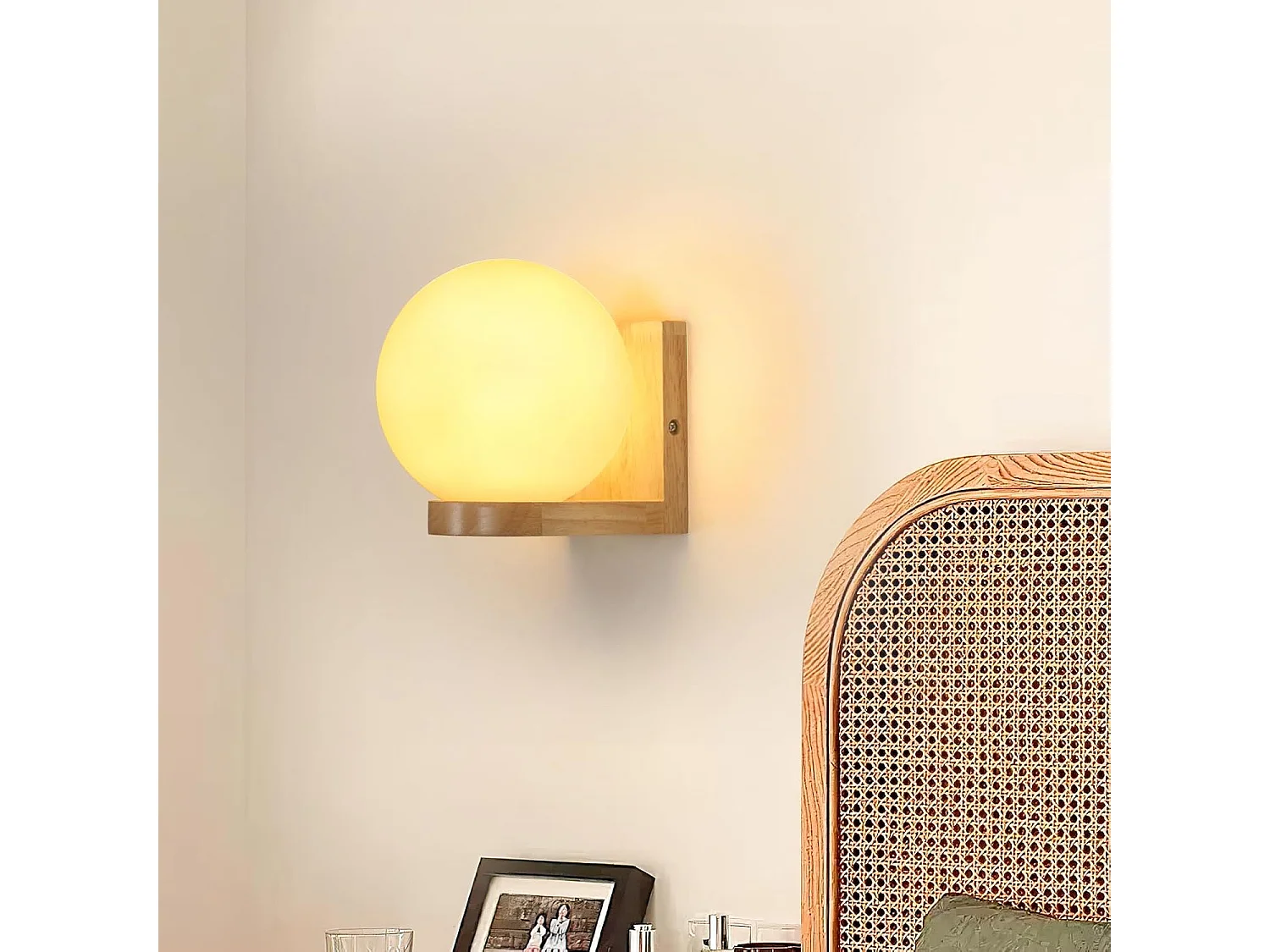 Applique d'intérieur en bois, applique avec abat-jour en verre, applique E27 pour chambre (ampoule non incluse), applique ronde en bois