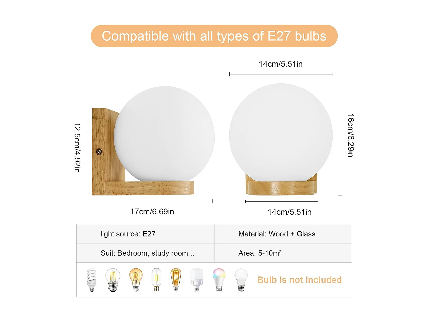 Applique d'intérieur en bois, applique avec abat-jour en verre, applique E27 pour chambre (ampoule non incluse), applique ronde en bois