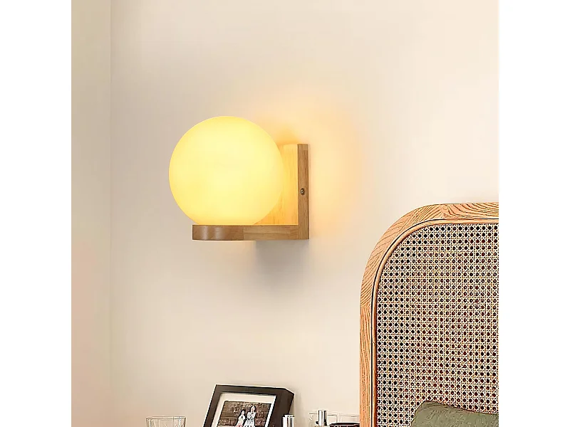 Applique d'intérieur en bois, applique avec abat-jour en verre, applique E27 pour chambre (ampoule non incluse), applique ronde en bois