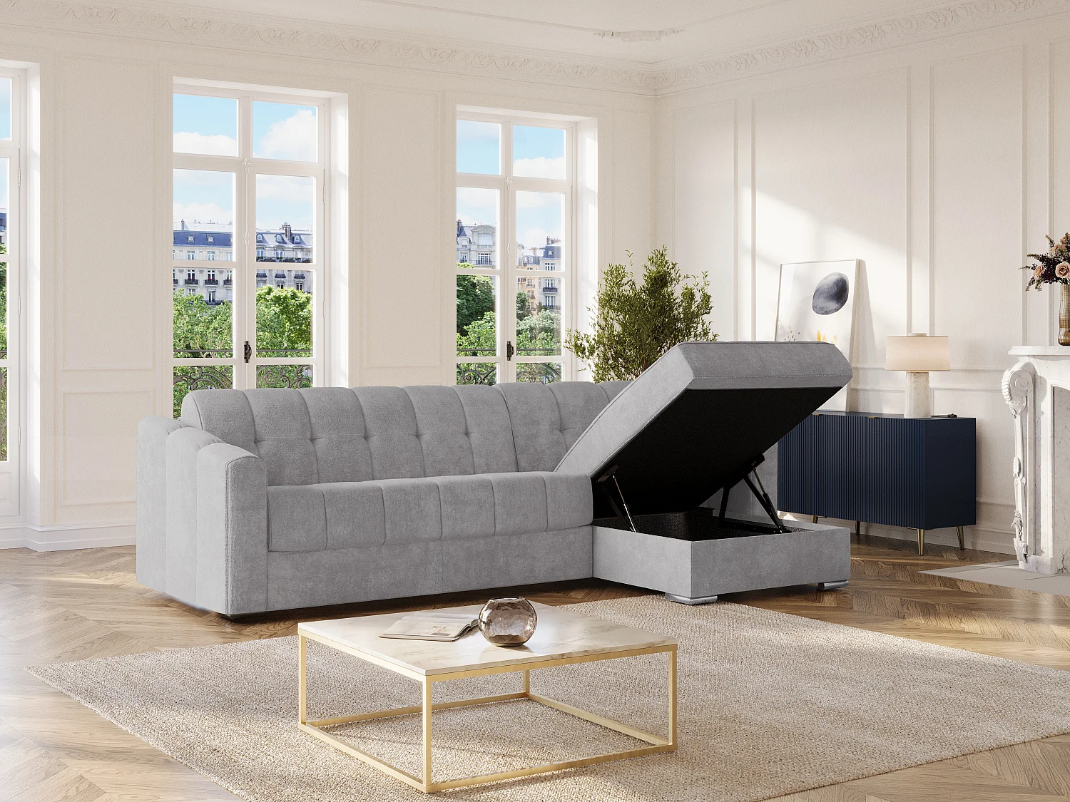 Sofá de canto convertível abertura rápida em tecido texturizado cinzento claro - Cama ripas largas 140 cm - Colchão 22 cm com memória de forma - DARIELO