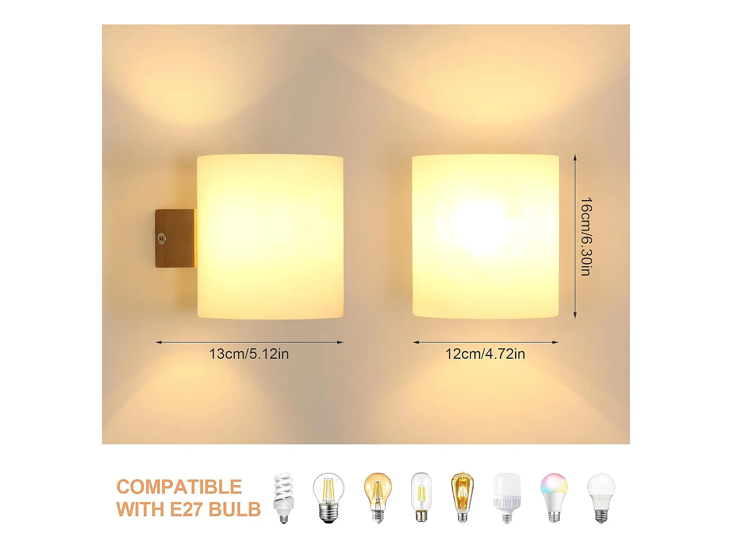 Applique murale d'intérieur en bois 3000K/4500K/6500K, 3 couleurs, LED à intensité variable, pour salon, escalier (avec ampoule 12W)