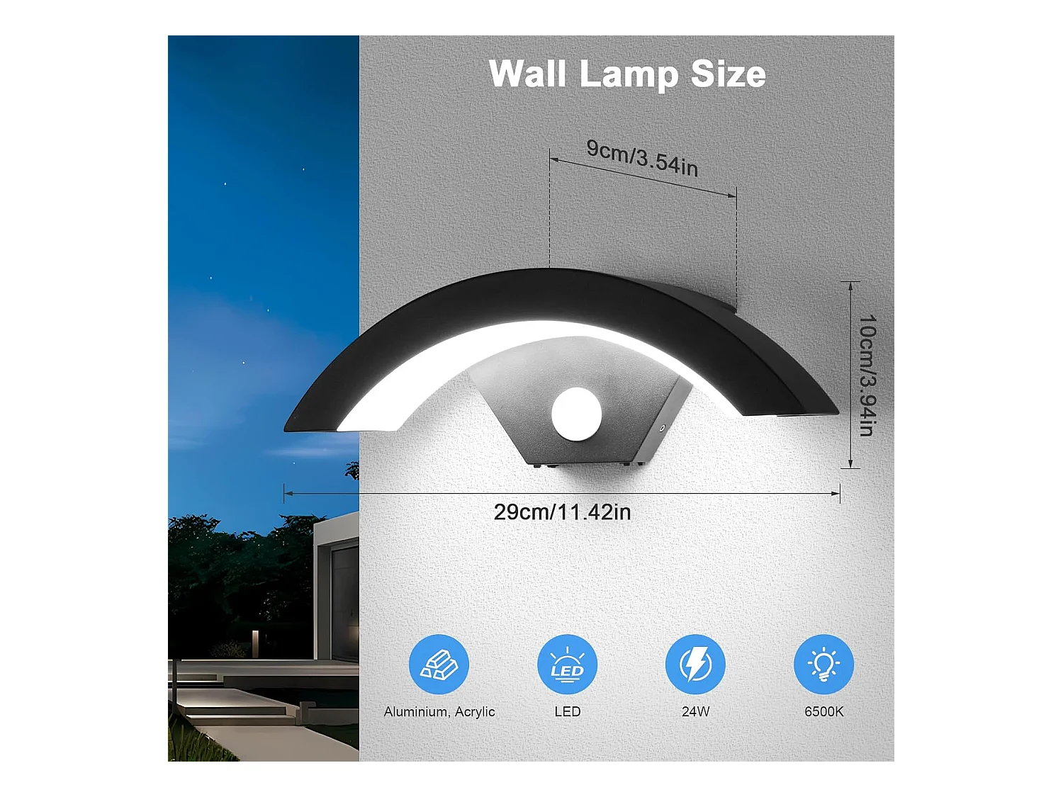 24W Applique Murale Exterieure avec Détecteur de Mouvement, Lampe Murale Moderne 6500K Étanche IP65, Projecteur LED Extérieur avec Détecteur, Noir