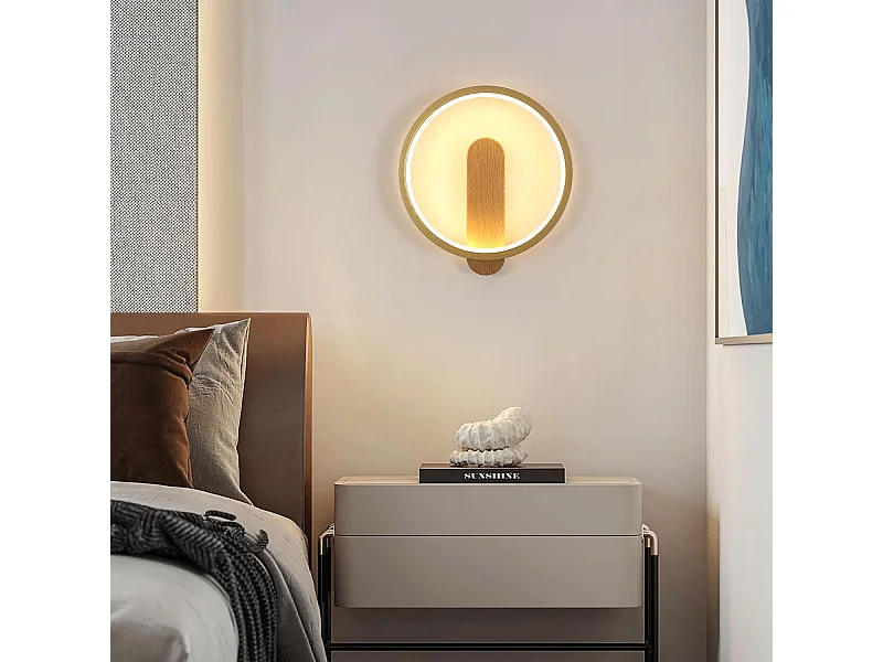 Applique murale d'intérieur LED, 15 W, 1 600 lm, ronde, lumière blanche chaude 3 000 K, luminaire moderne pour chambre, salon, escaliers, couleur bois