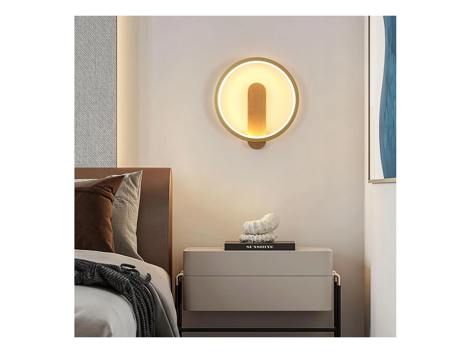 Applique murale d'intérieur LED, 15 W, 1 600 lm, ronde, lumière blanche chaude 3 000 K, luminaire moderne pour chambre, salon, escaliers, couleur bois