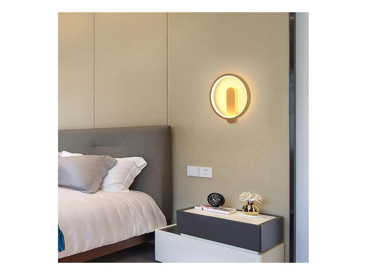 Applique murale d'intérieur LED, 15 W, 1 600 lm, ronde, lumière blanche chaude 3 000 K, luminaire moderne pour chambre, salon, escaliers, couleur bois
