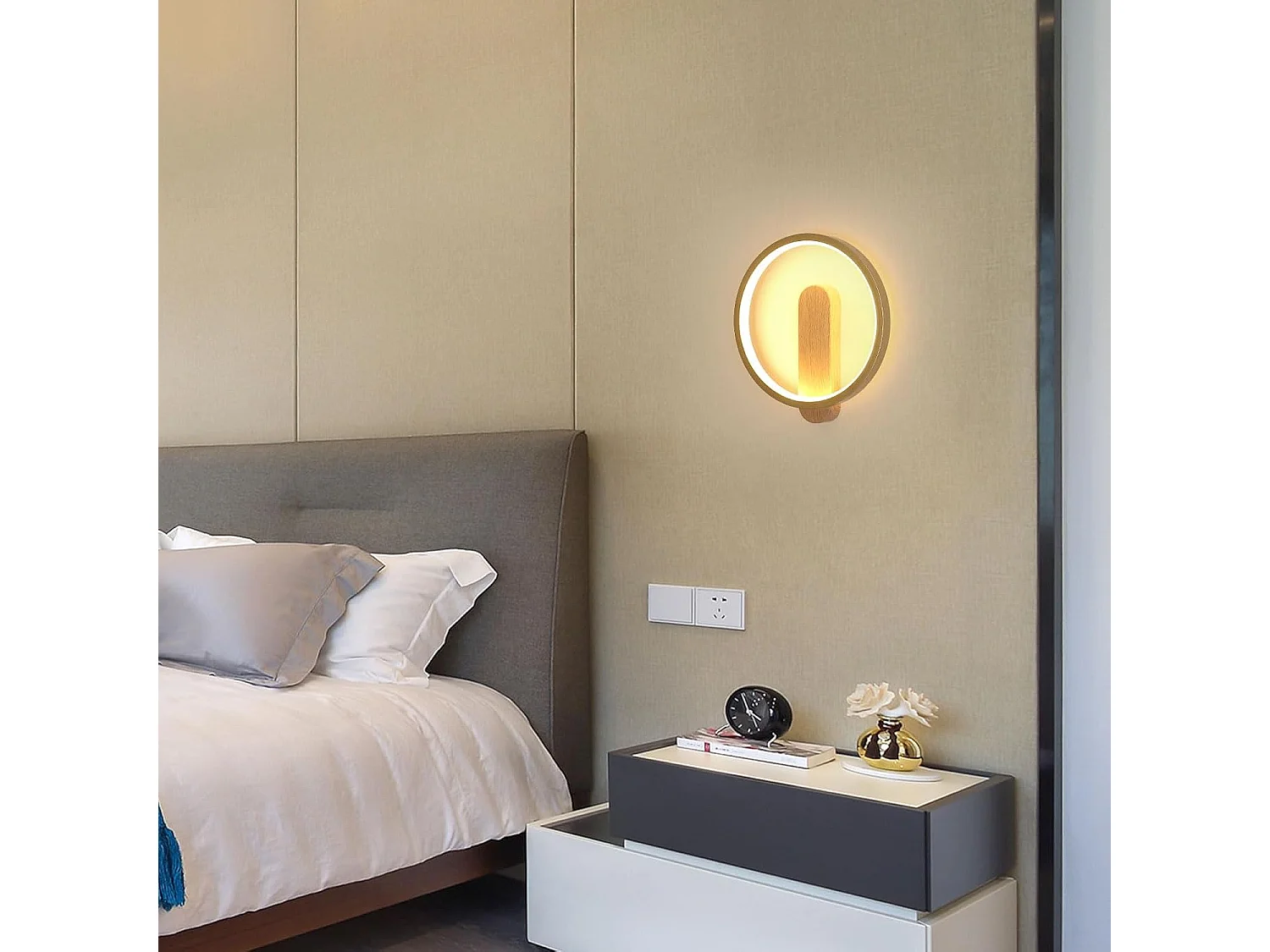 Applique murale d'intérieur LED, 15 W, 1 600 lm, ronde, lumière blanche chaude 3 000 K, luminaire moderne pour chambre, salon, escaliers, couleur bois