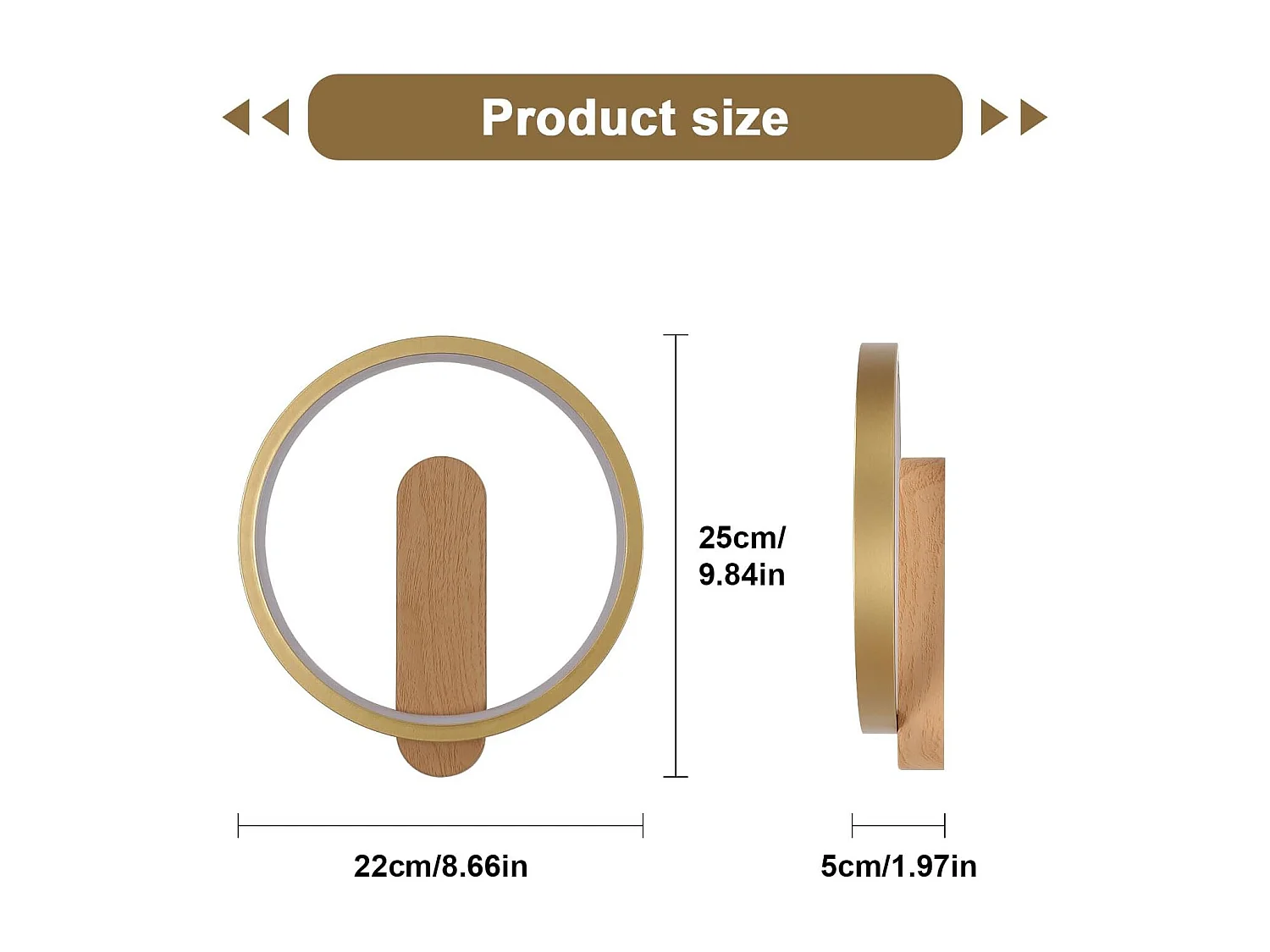 Applique murale d'intérieur LED, 15 W, 1 600 lm, ronde, lumière blanche chaude 3 000 K, luminaire moderne pour chambre, salon, escaliers, couleur bois