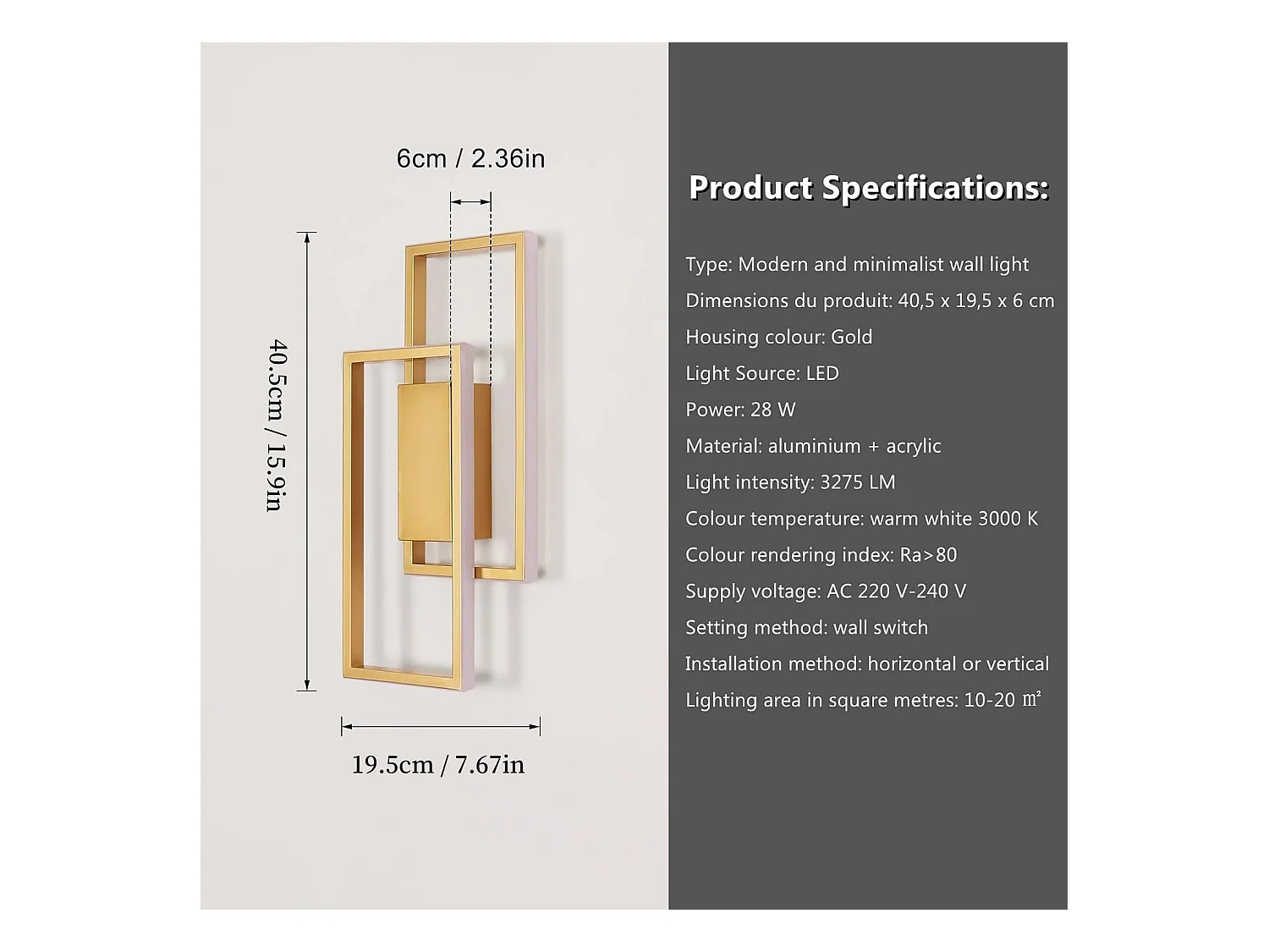 Applique murale d'intérieur LED, 28 W, 2 900 lm, design moderne, dorée, luminaire pour chambre, salon, couloir, lumière blanche chaude 3 000 K