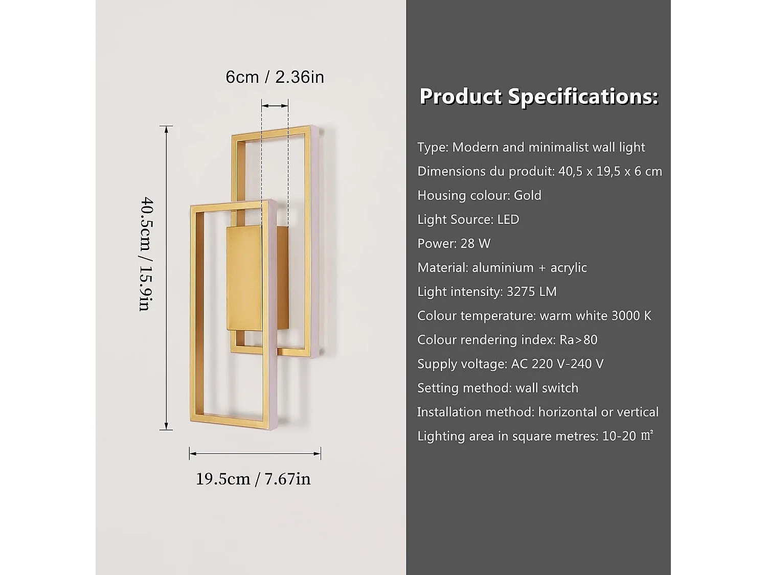 Applique murale d'intérieur LED, 28 W, 2 900 lm, design moderne, dorée, luminaire pour chambre, salon, couloir, lumière blanche chaude 3 000 K