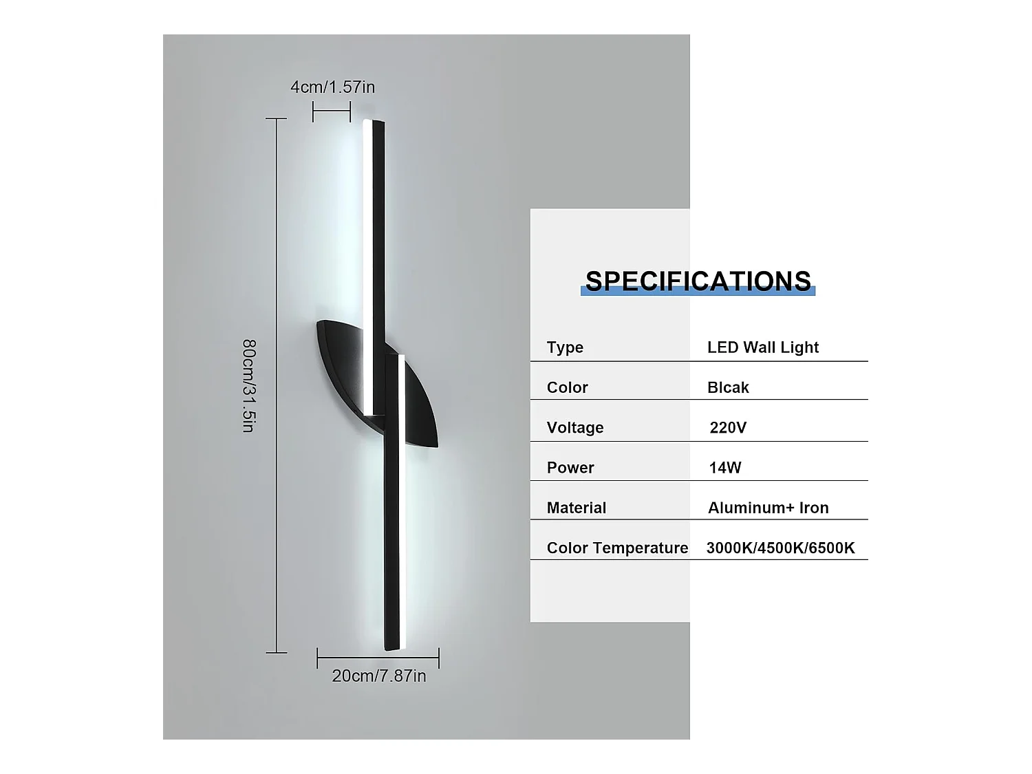 Applique murale d'intérieur LED 80cm,14W,1575lm,design créatif, intensité variable,design moderne,en acrylique,idéale pour les escaliers, noire