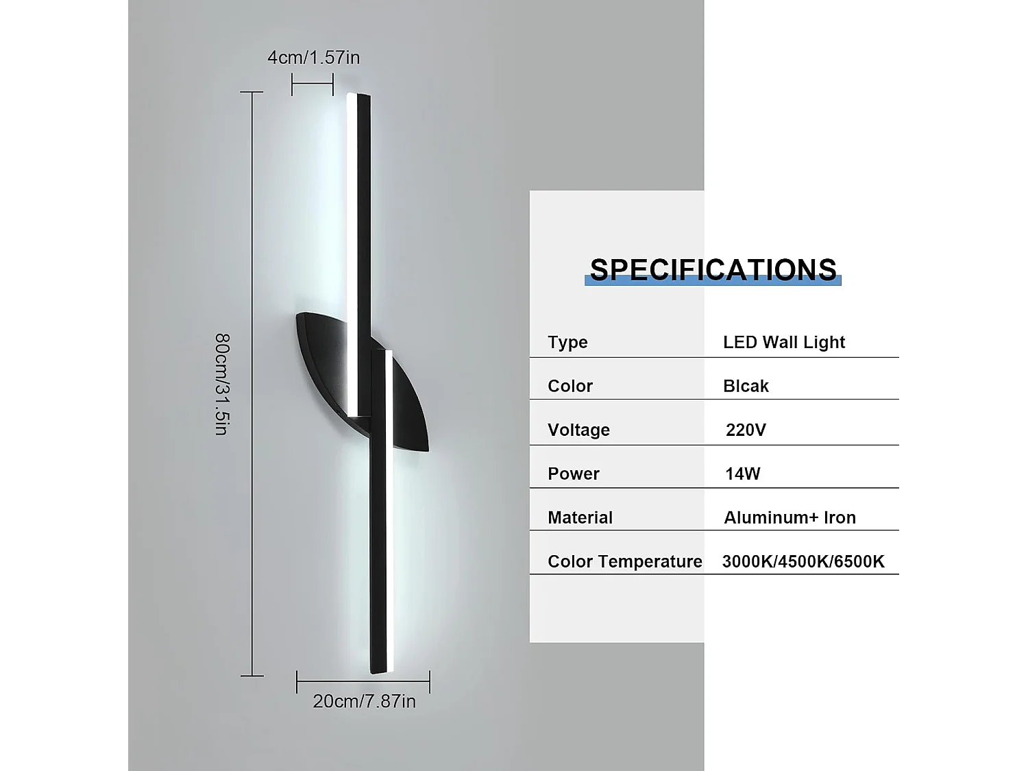 Applique murale d'intérieur LED 80cm,14W,1575lm,design créatif, intensité variable,design moderne,en acrylique,idéale pour les escaliers, noire