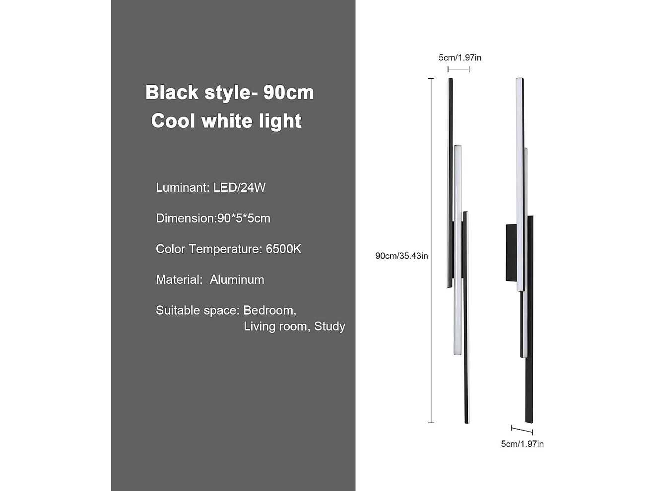 Applique murale LED d'intérieur 90 cm, 24 W, 2700 lm, moderne, pour chambre, salon, couloir, escalier, blanc froid 6500 K