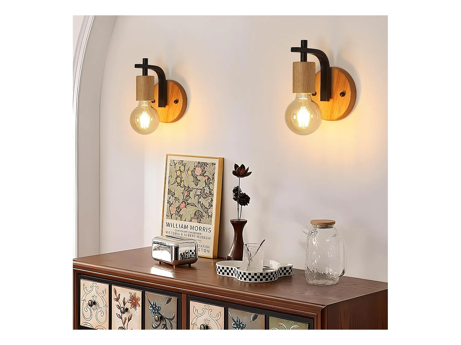 Lot de 2 appliques murales d'intérieur vintage, E27, en bois et métal, pour chambre, couloir, salon, noir