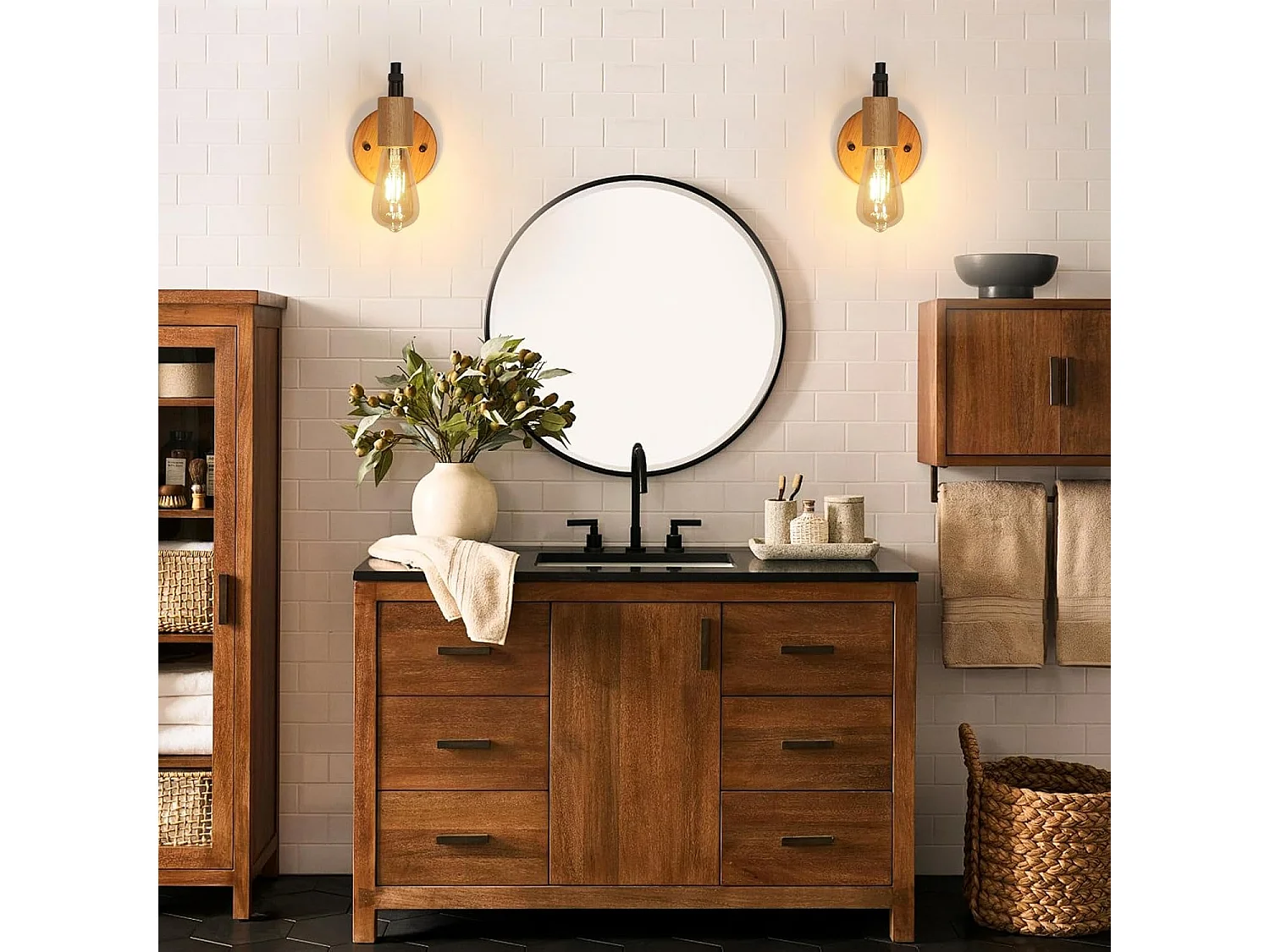 Lot de 2 appliques murales d'intérieur vintage, E27, en bois et métal, pour chambre, couloir, salon, noir