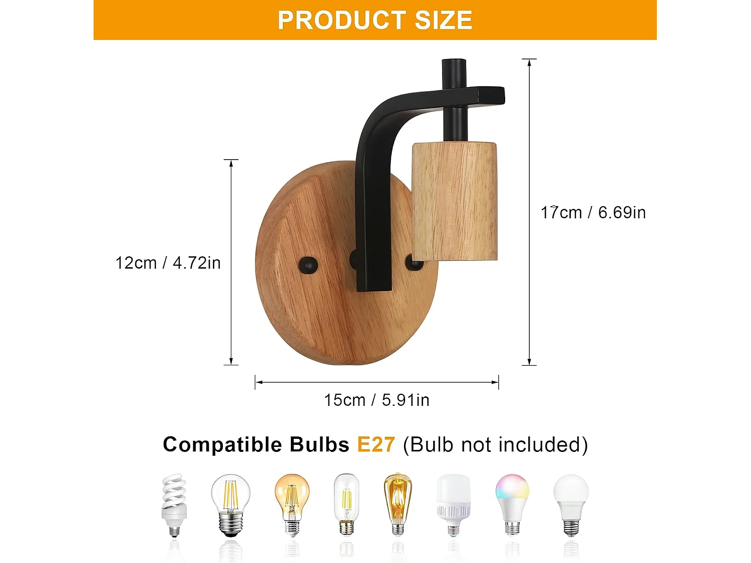Lot de 2 appliques murales d'intérieur vintage, E27, en bois et métal, pour chambre, couloir, salon, noir