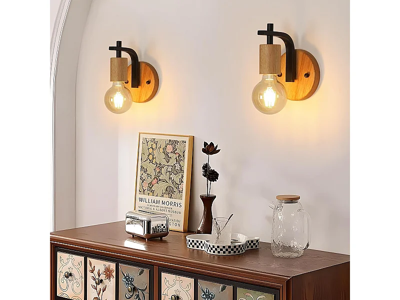Lot de 2 appliques murales d'intérieur vintage, E27, en bois et métal, pour chambre, couloir, salon, noir