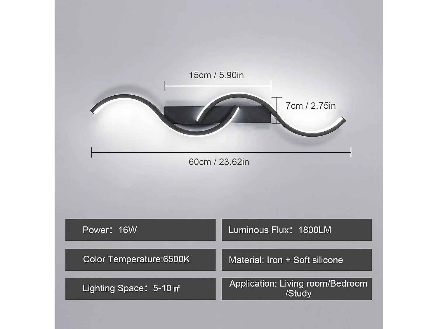 Applique murale LED d'intérieur, applique murale décorative moderne 60cm, applique murale LED en aluminium noir pour salon,lumière blanc froid 6500K