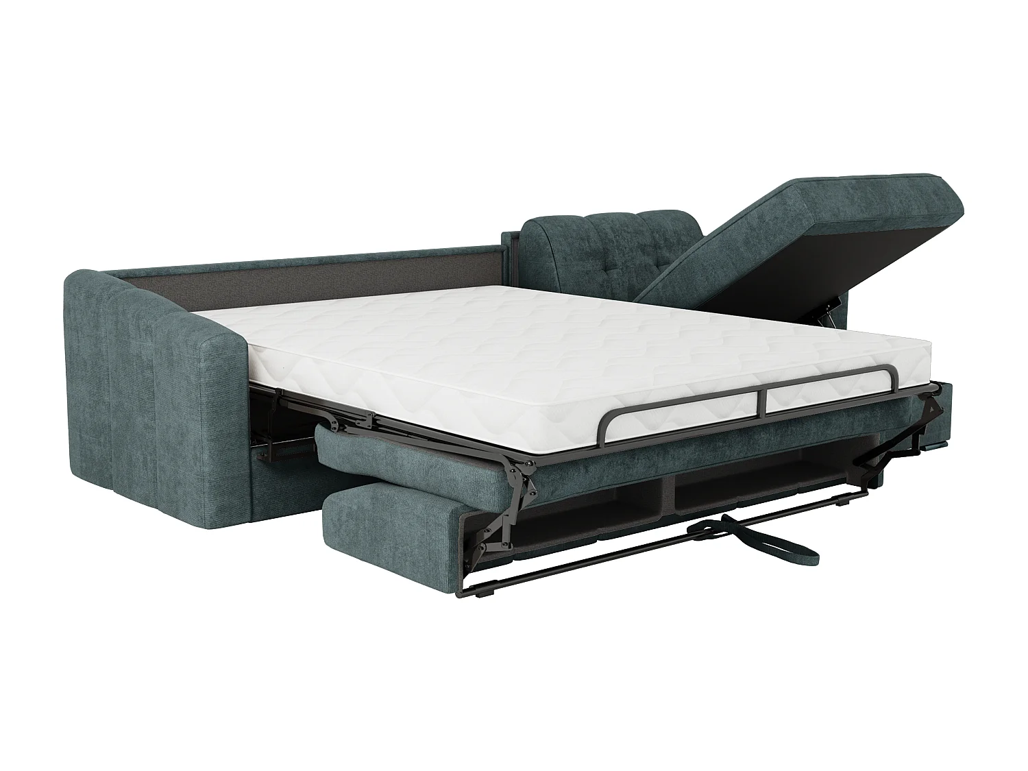 Canapé d'angle convertible express en tissu texturé bleu canard - Couchage lattes larges 140 cm - Matelas 14 cm - DARIELO