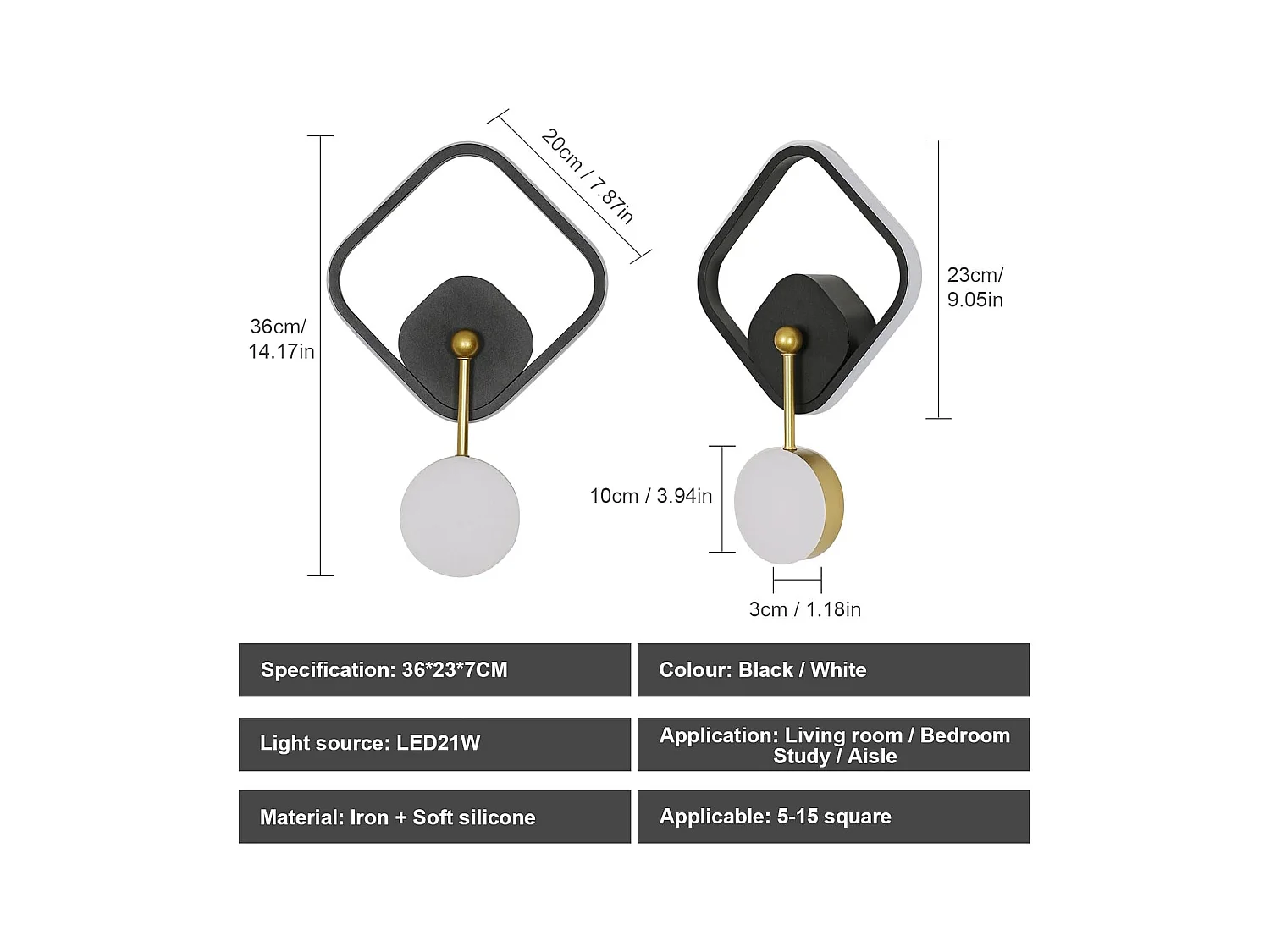 Applique murale d'intérieur LED, 21W, 2550lm, moderne, en acrylique, pour salon, chambre, couloir, escalier, lumière chaude 3000K, noir