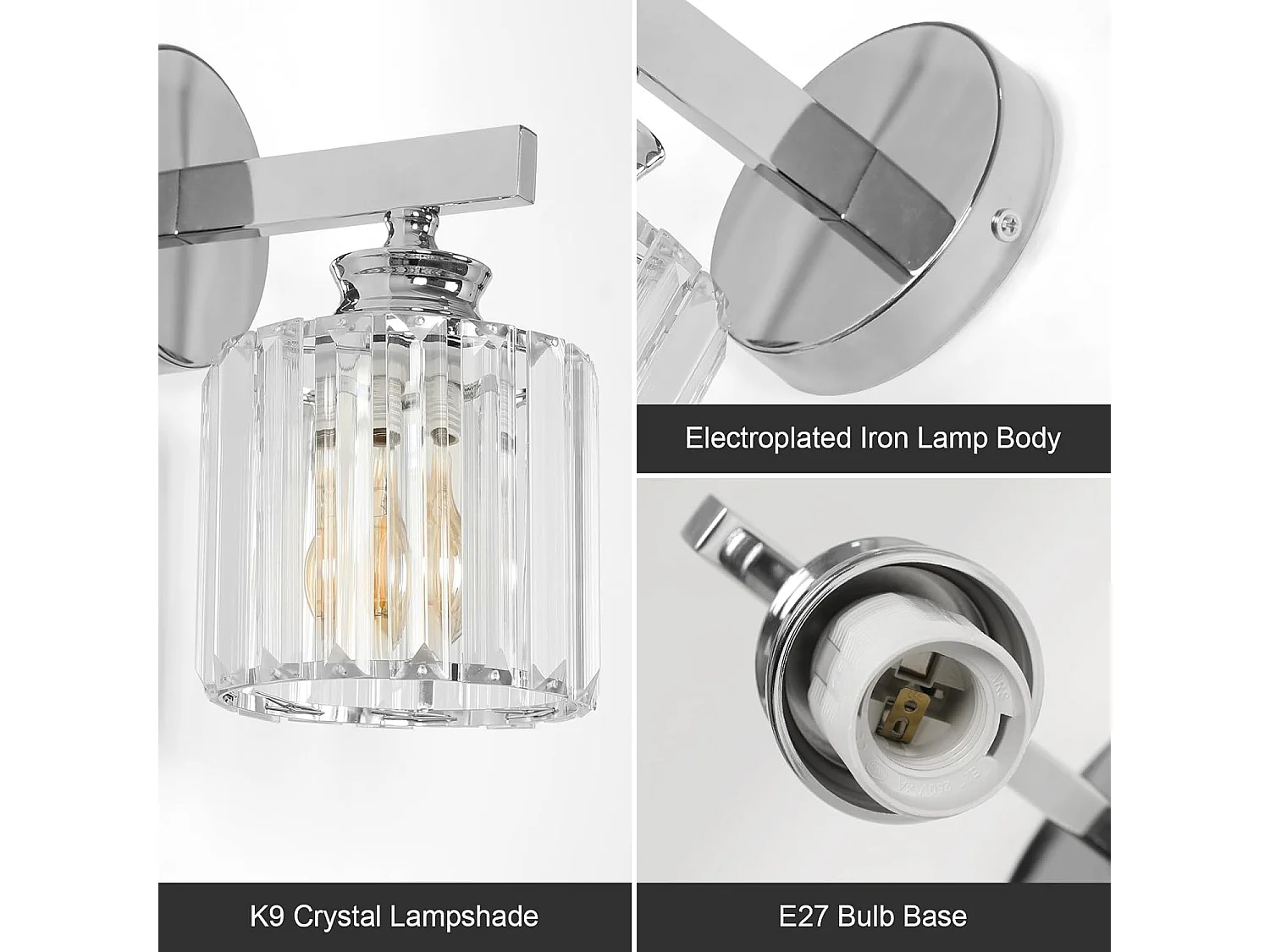 Applique murale moderne en cristal, élégante applique ronde argentée E27 pour chambre, salon, couloir