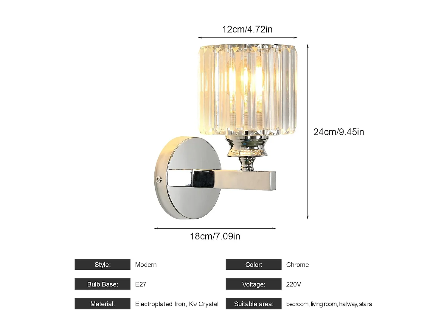 Applique murale moderne en cristal, élégante applique ronde argentée E27 pour chambre, salon, couloir