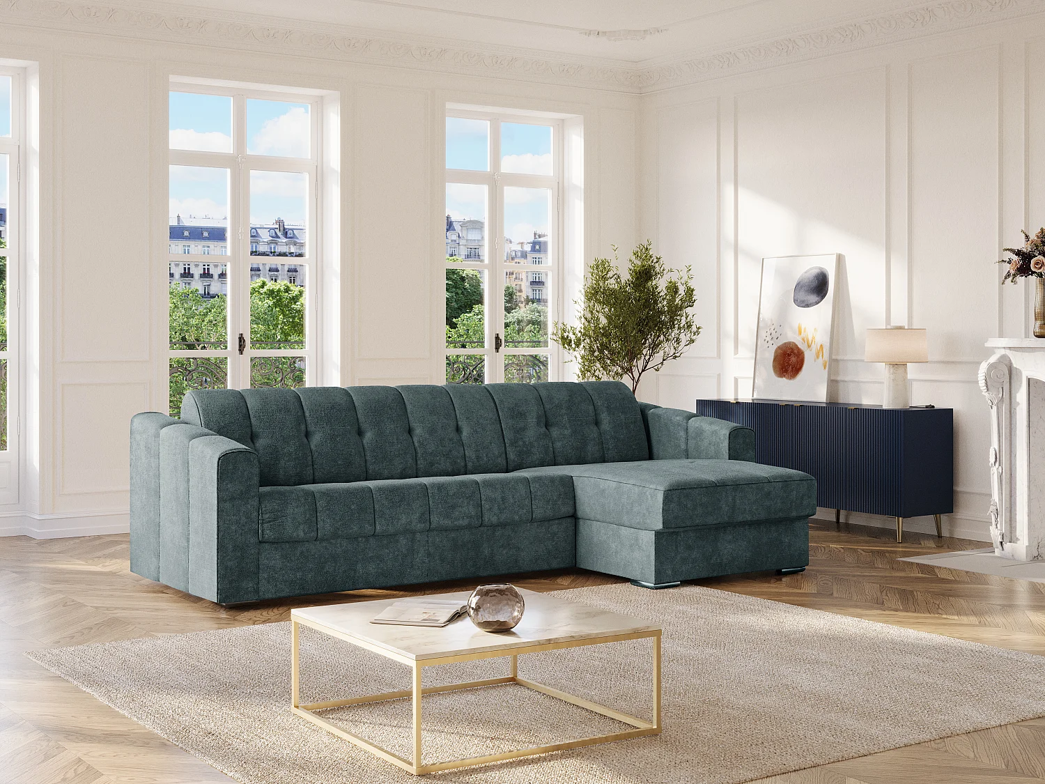 Sofá de canto convertível abertura rápida em tecido texturizado azul pato - Cama ripas largas 160 cm - Colchão 14 cm - DARIELO