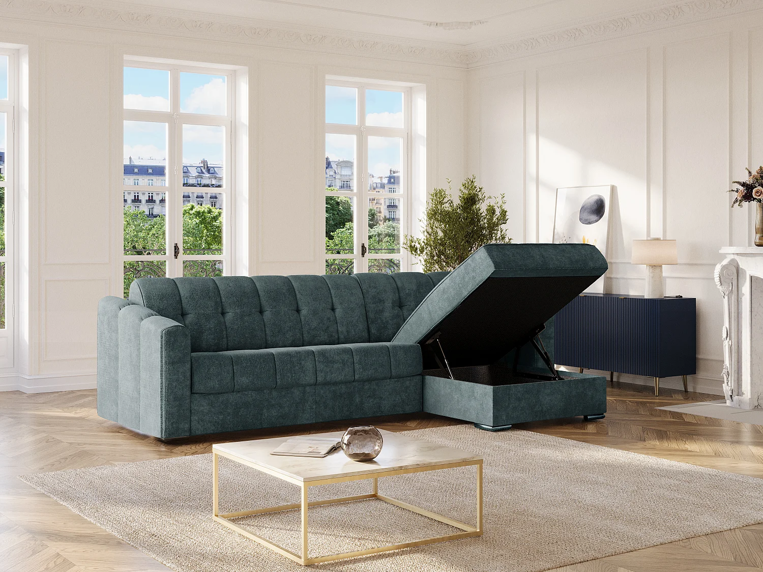 Sofá de canto convertível abertura rápida em tecido texturizado azul pato - Cama ripas largas 160 cm - Colchão 14 cm - DARIELO